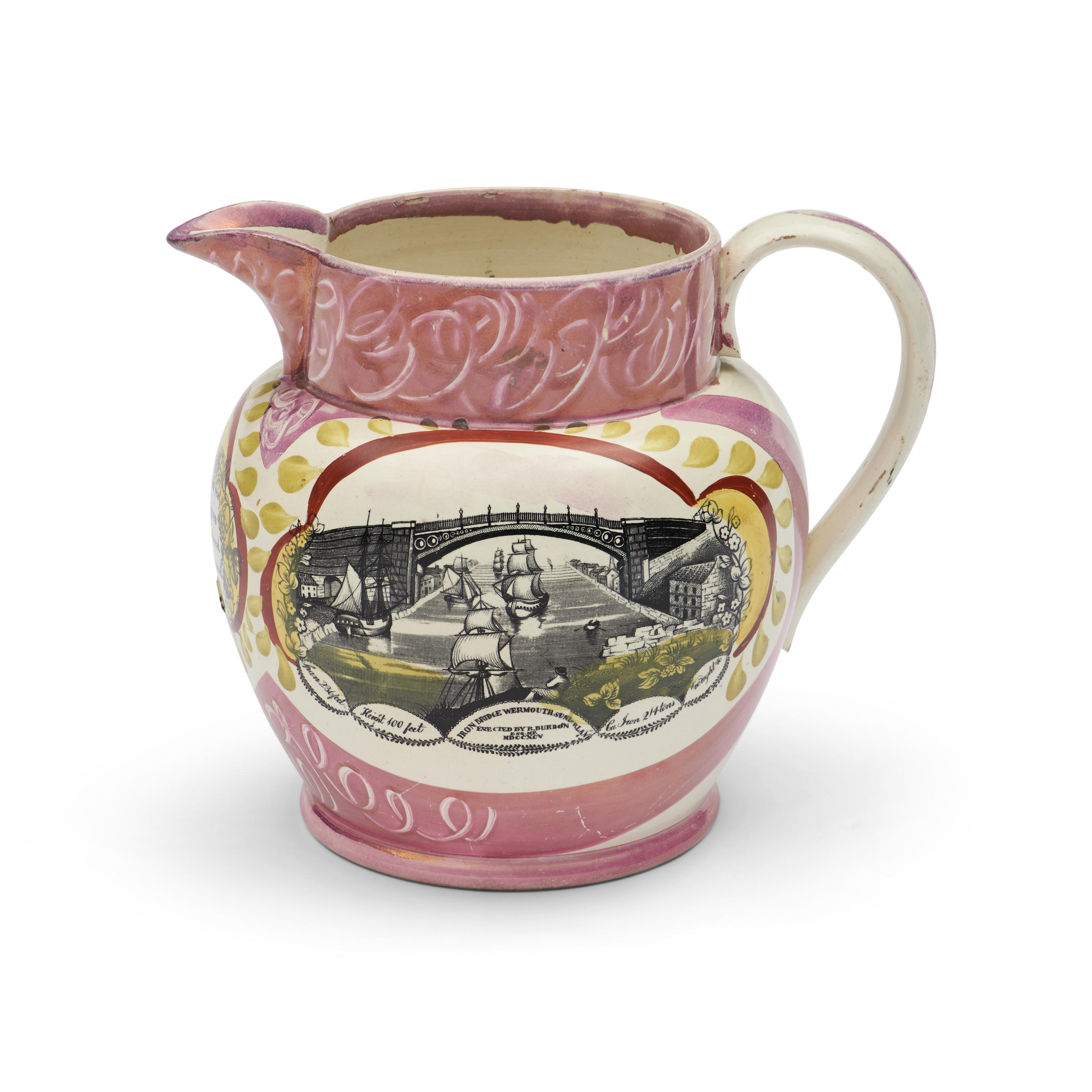 TRANSFER PRINTED BRIDGE AT SUNDERLAND EARTHENWARE JUG WITH LUSTER BORDER