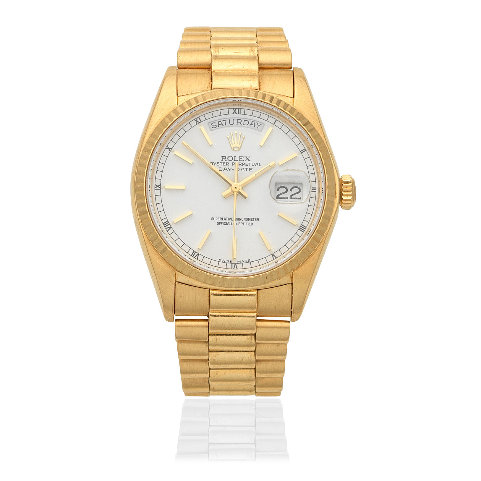 ROLEX AN 18K GOLD AUTOMATIC CALENDAR BRACELET WATCH WITH THE