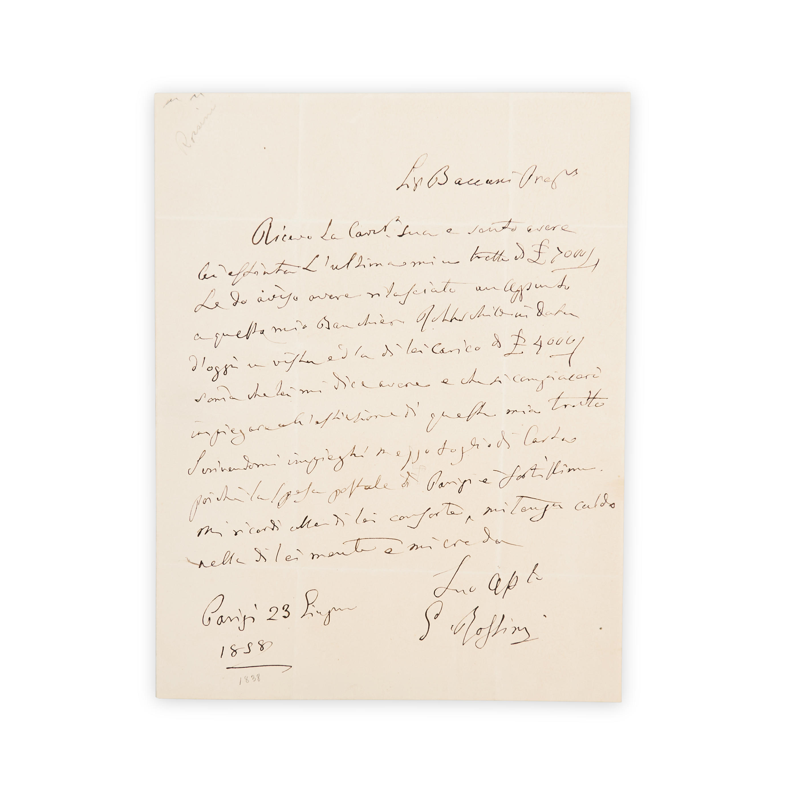 ROSSINI GIOACHINO 1792 1868 AUTOGRAPH LETTER SIGNED On one side