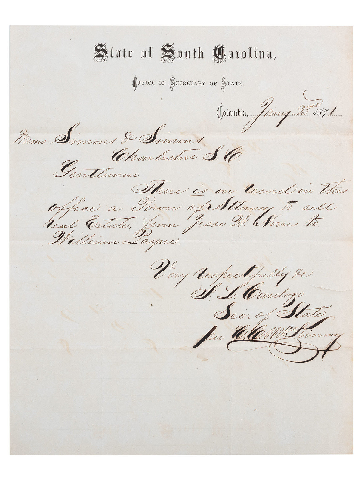 RECONSTRUCTION CARDOZO Francis Lewis 1836 1903 Autograph letter signed F