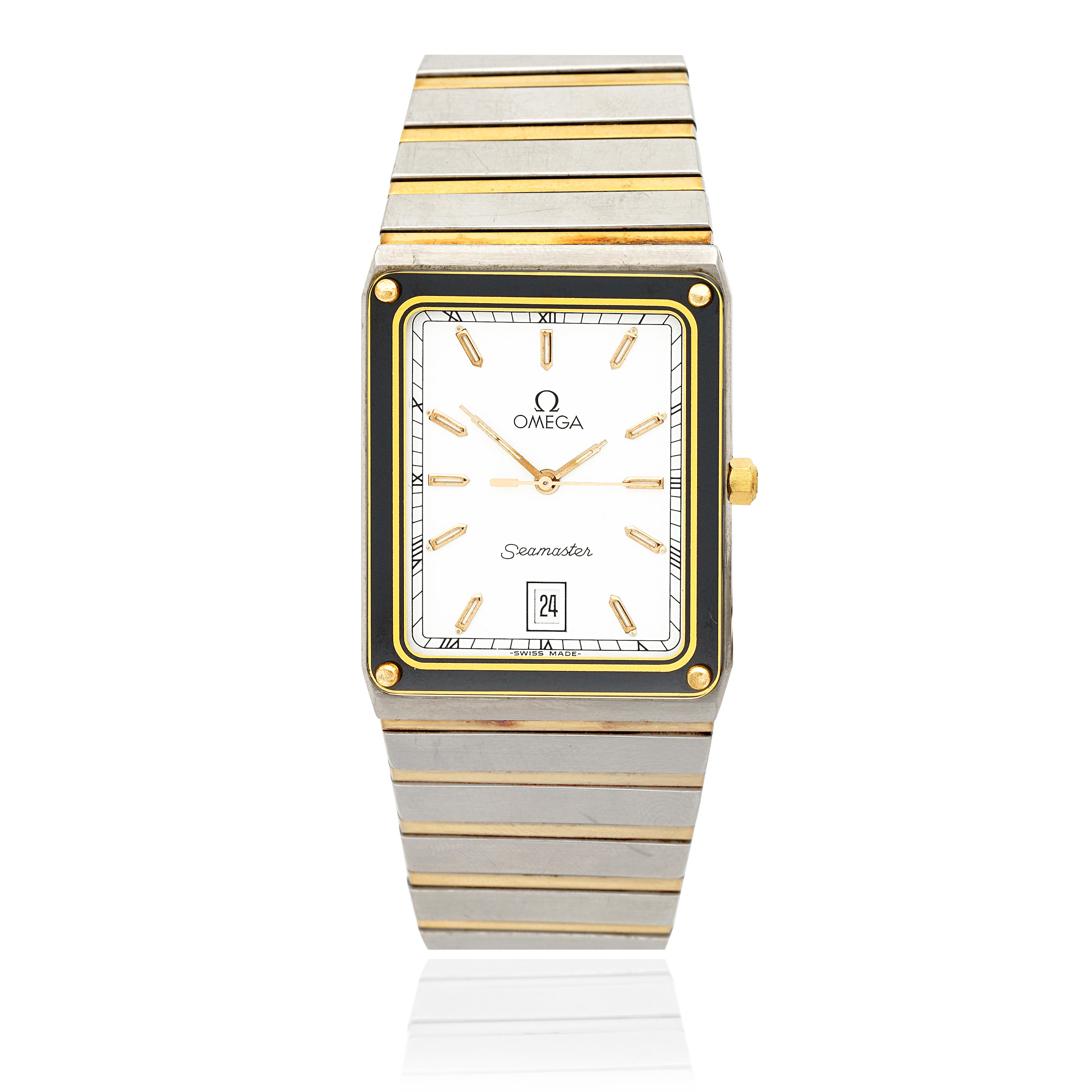 OMEGA A STAINLESS STEEL AND GOLD QUARTZ CALENDAR BRACELET WATCH