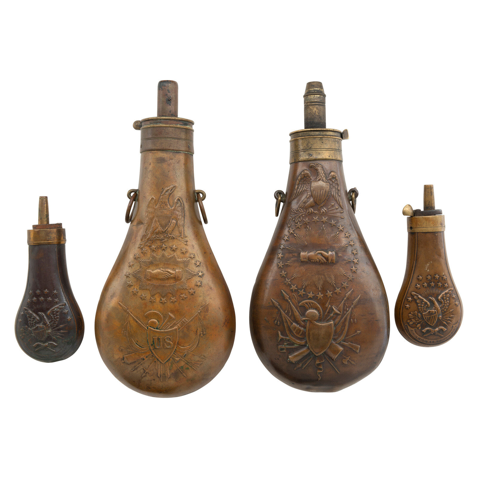 Lot of Four Brass Powder Flasks 1 8 75 long
