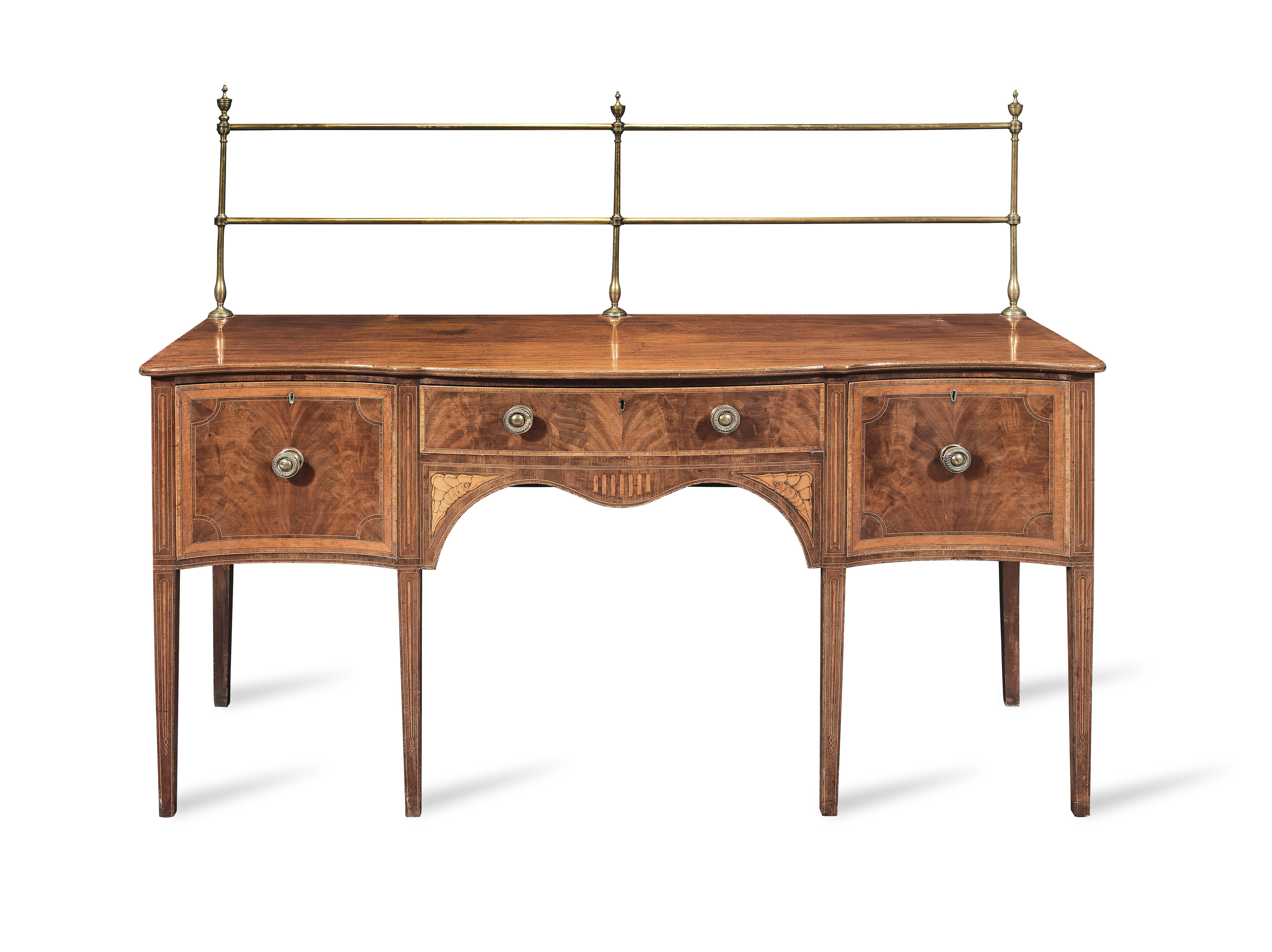 A GEORGE III MAHOGANY SATINWOOD TULIPWOOD PURPLEWOOD AND MARQUETRY SERPENTINE