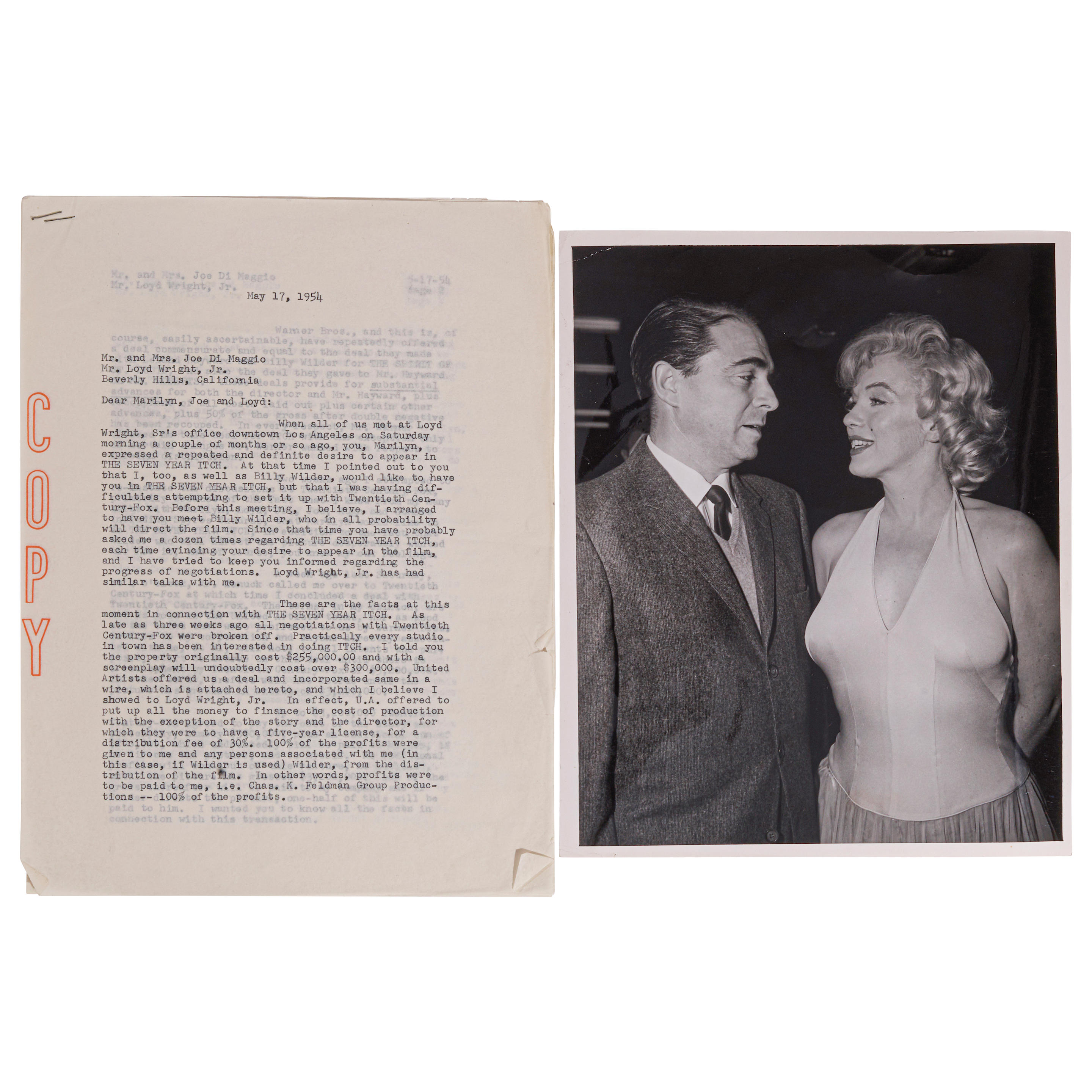 A CHARLES FELDMAN LETTER TO MARILYN MONROE AND JOE DIMAGGIO