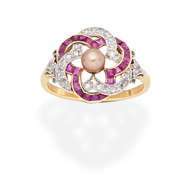 CULTURED PEARL RUBY AND DIAMOND RING The 4 5mm cultured