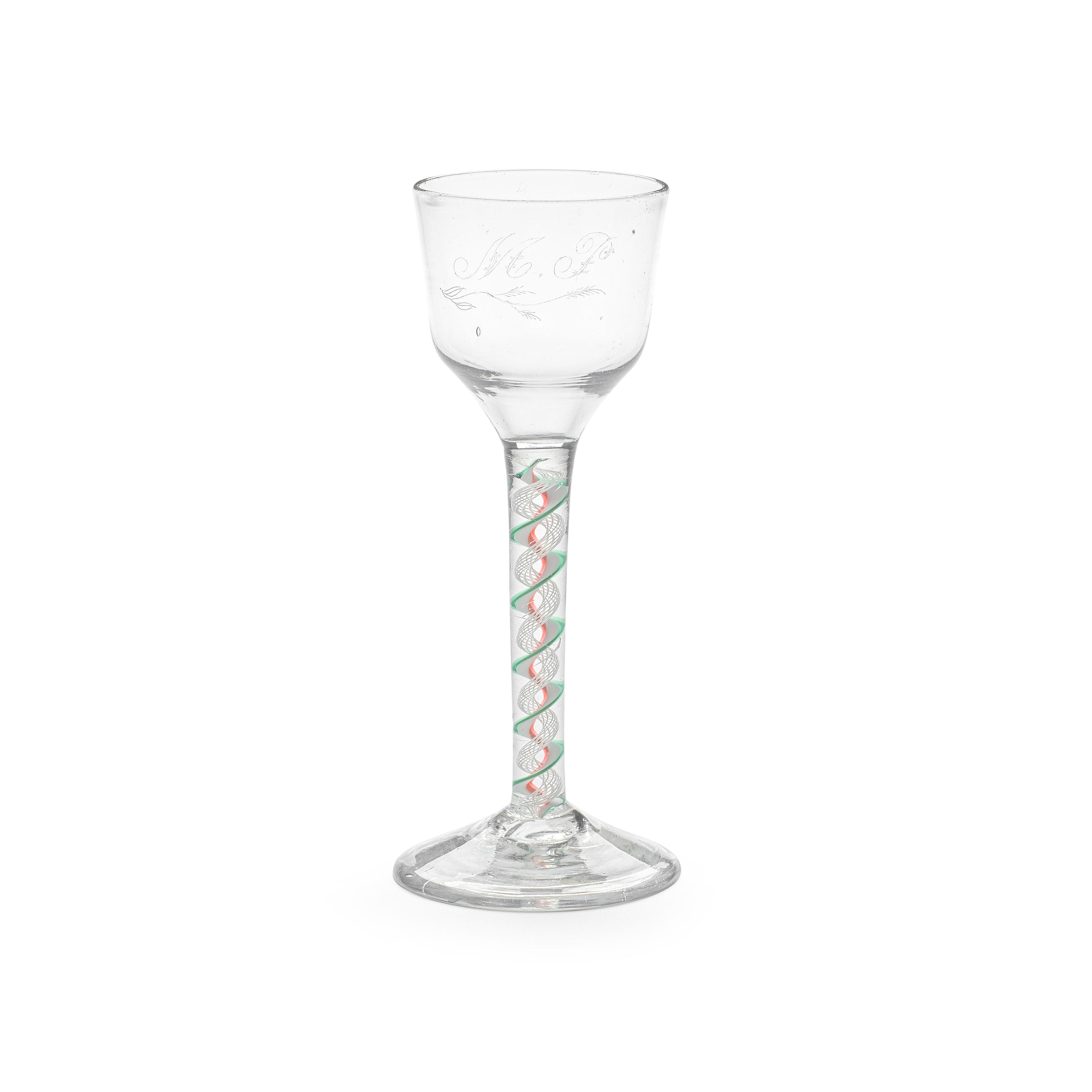 AN ENGRAVED RED AND GREEN COLOUR TWIST WINE GLASS CIRCA