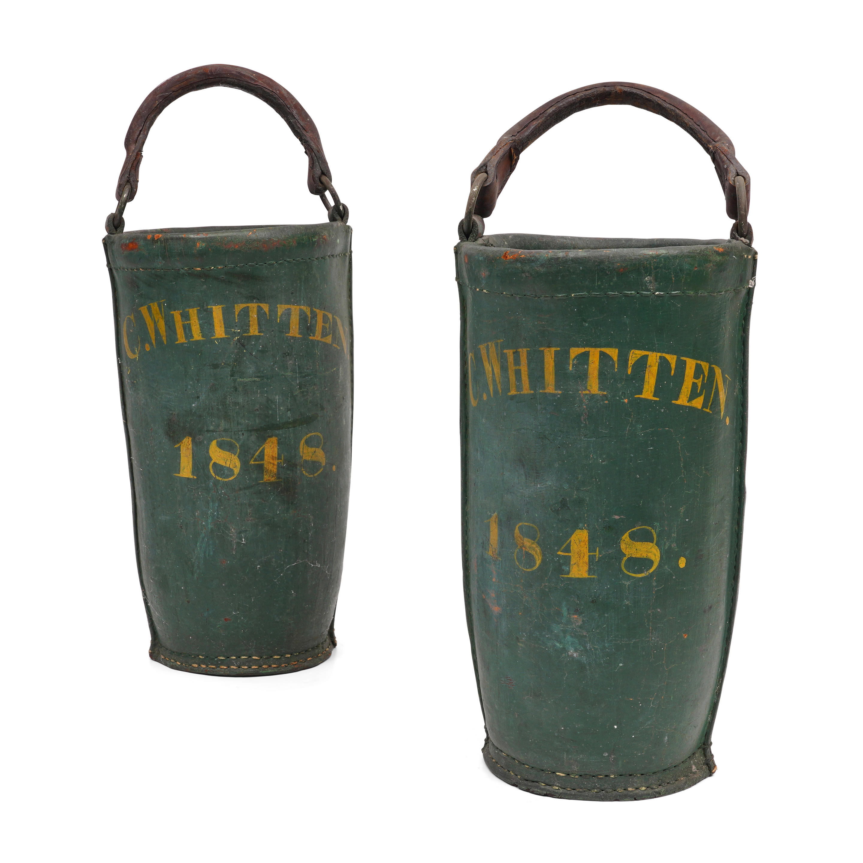 PAIR OF PAINTED LEATHER FIRE BUCKETS America dated 1848 Two