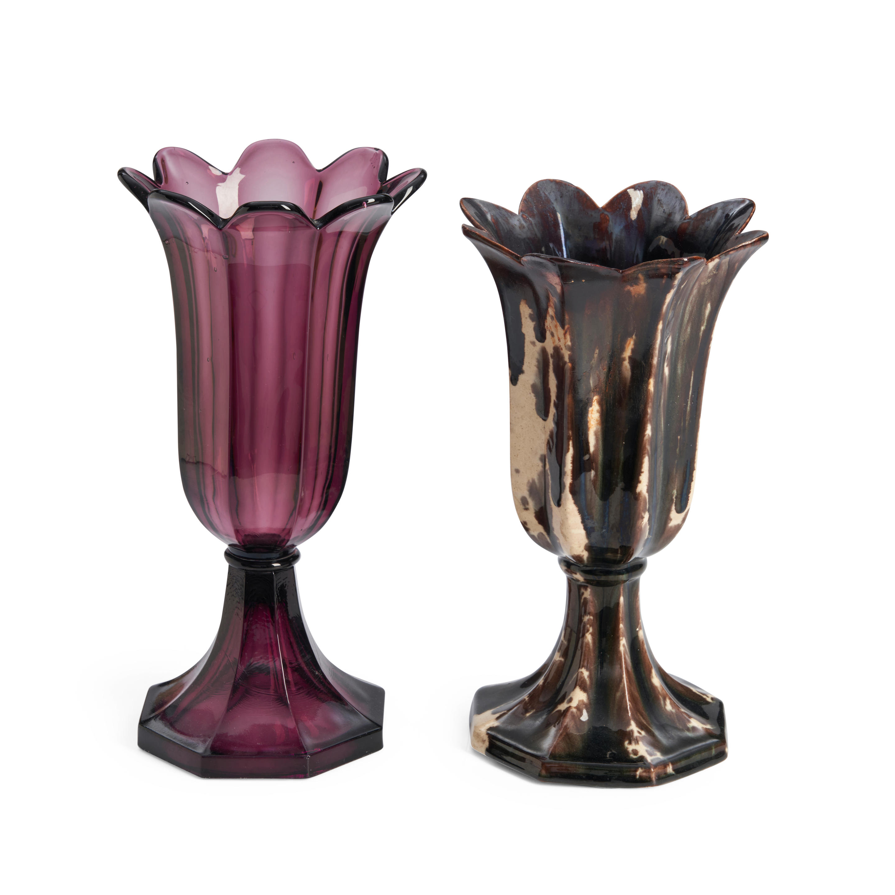 PALE AMETHYST PRESSED GLASS TULIP VASE AND CERAMIC MODEL Boston