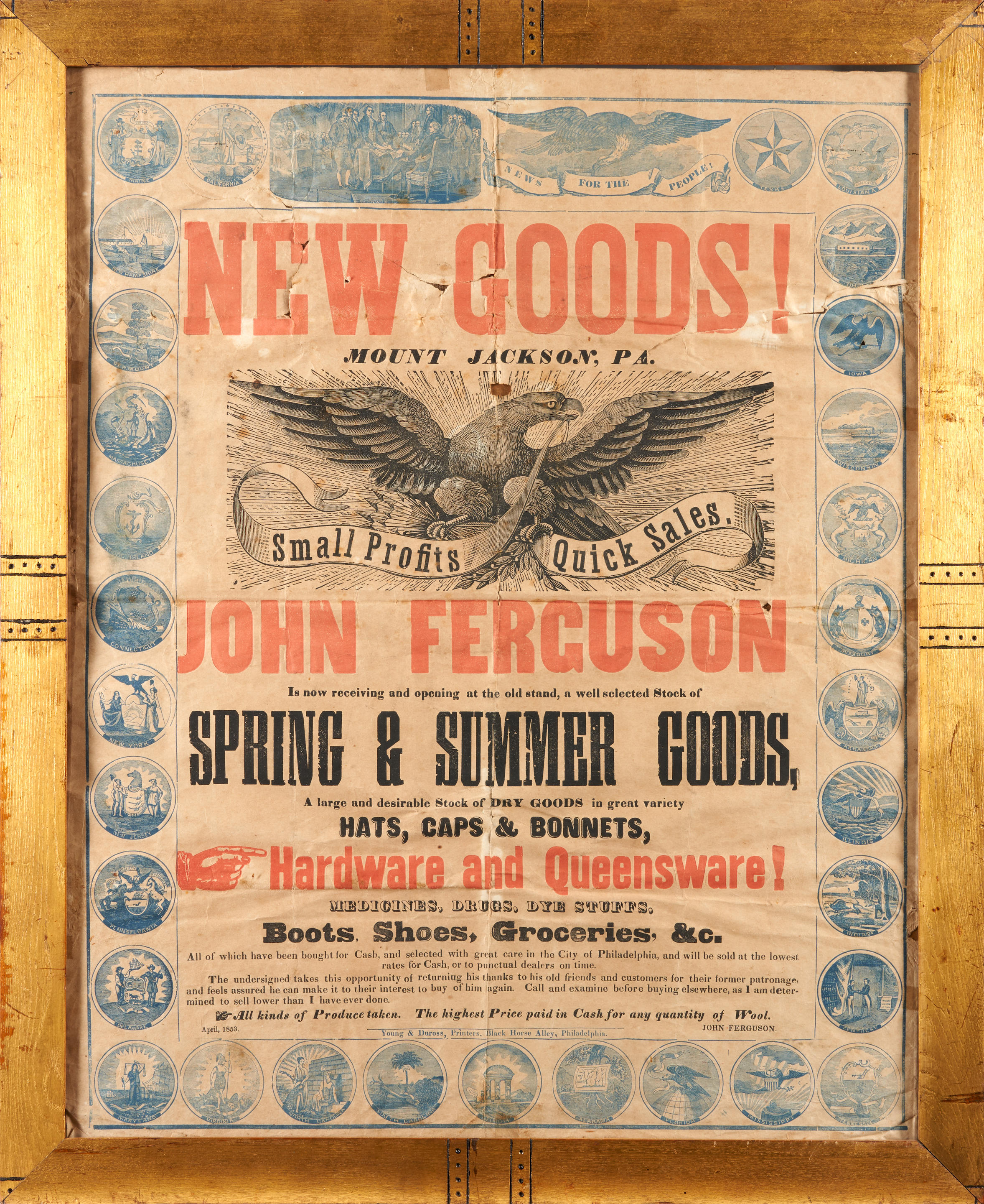TWO FRAMED NEW GOODS BROADSIDES mid Atlantic United States 1853