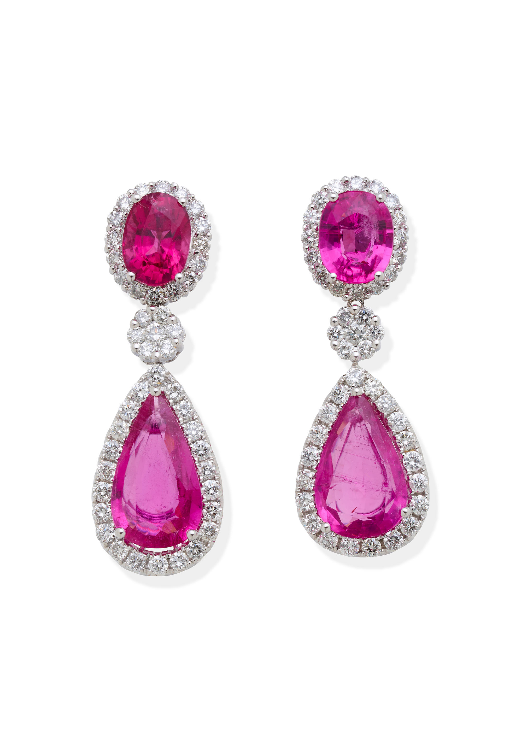 TOURMALINE AND DIAMOND PENDENT EARRINGS Each set with an oval