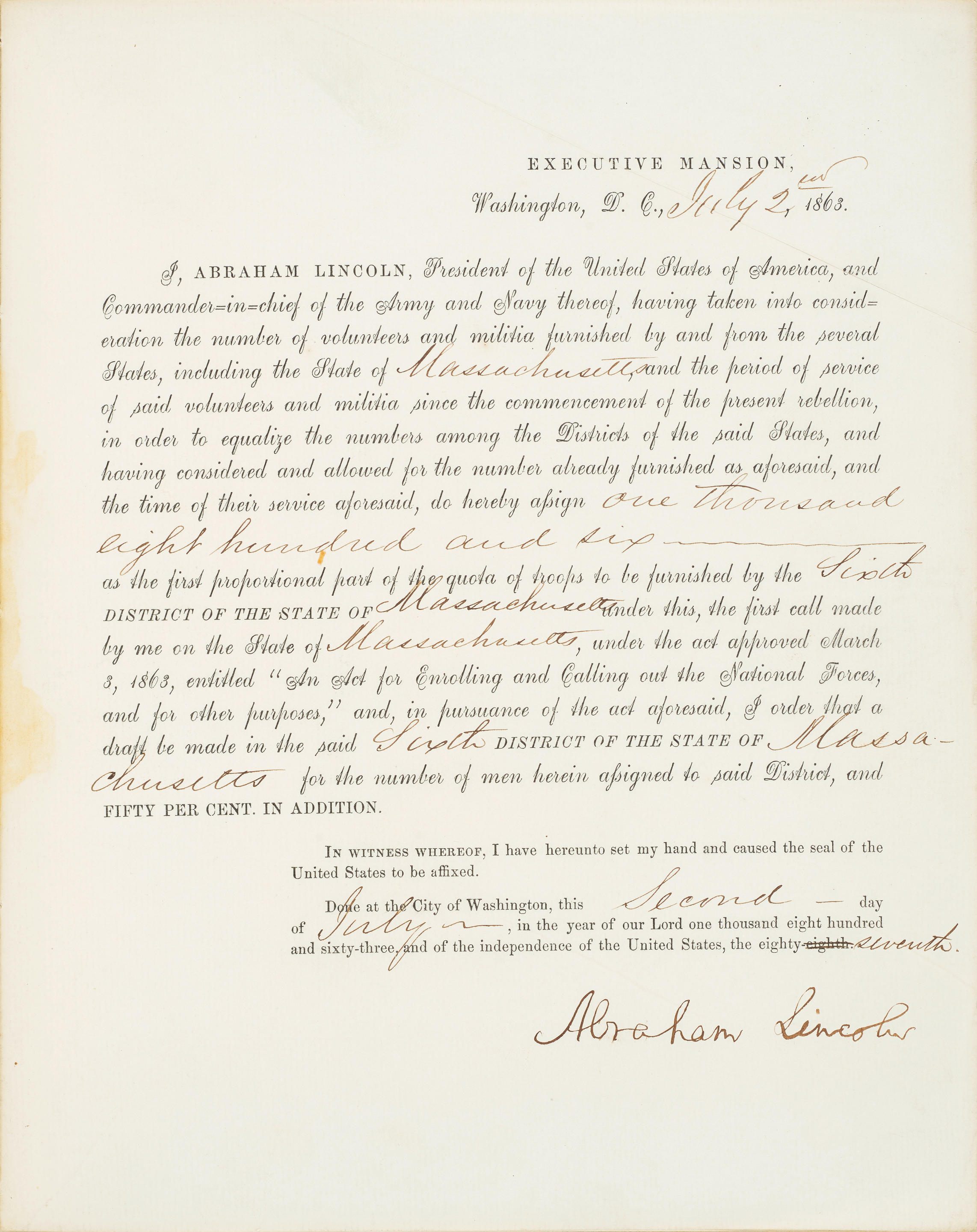 LINCOLN ABRAHAM 1809 1865 Document Signed Abraham Lincoln as President