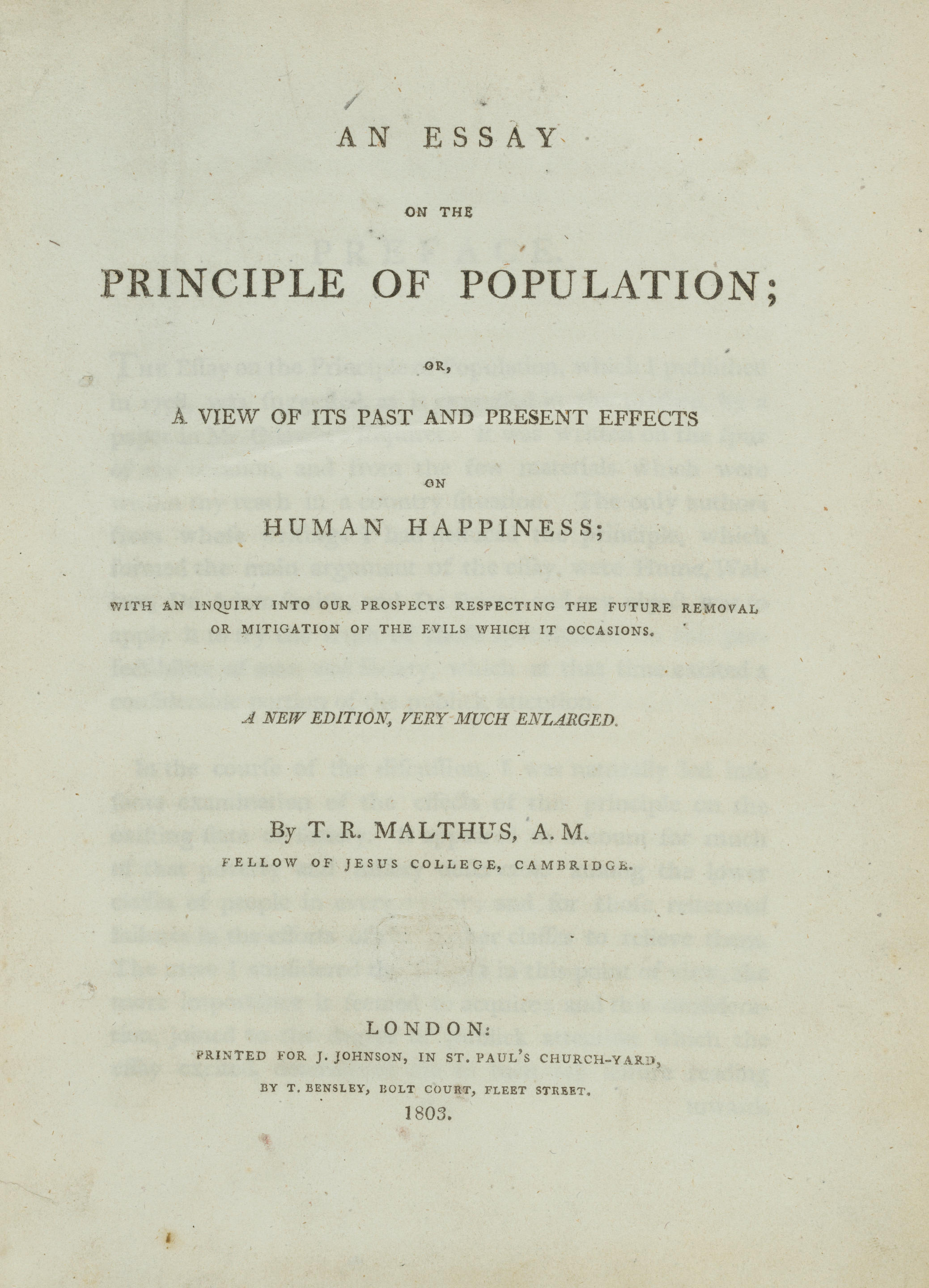 MALTHUS S LANDMARK WORK ON POPULATION MALTHUS THOMAS ROBERT 1766