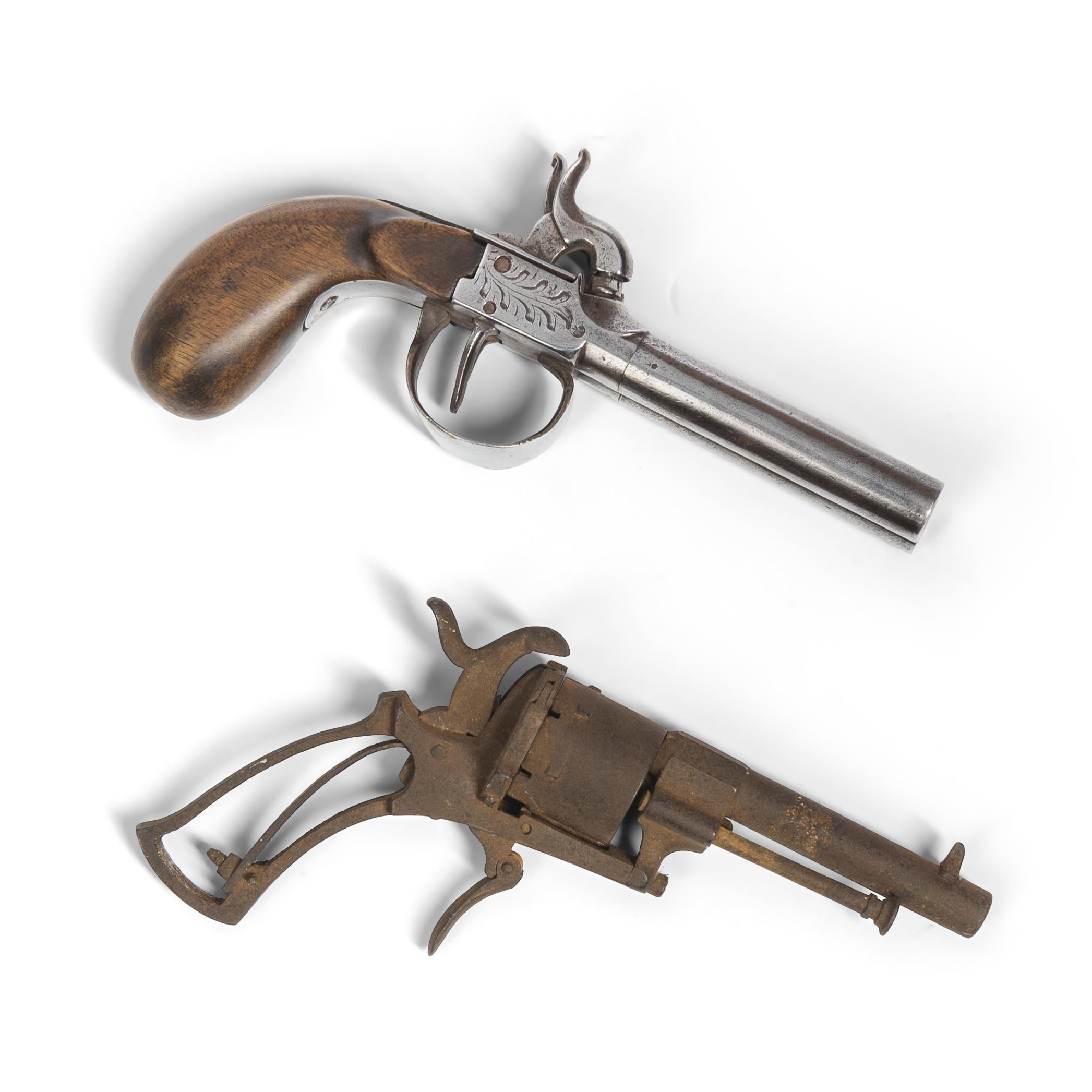 DOUBLE BARREL PERCUSSION PISTOL AND A PIN FIRE REVOLVER MID