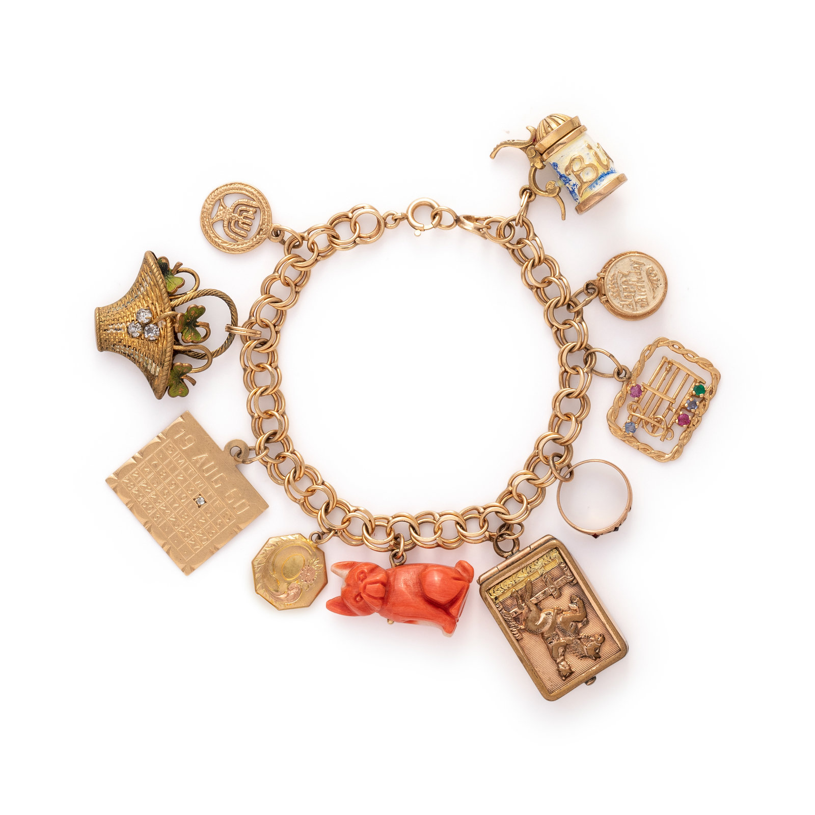 YELLOW GOLD CHARM BRACELET Consisting of a fancy link bracelet