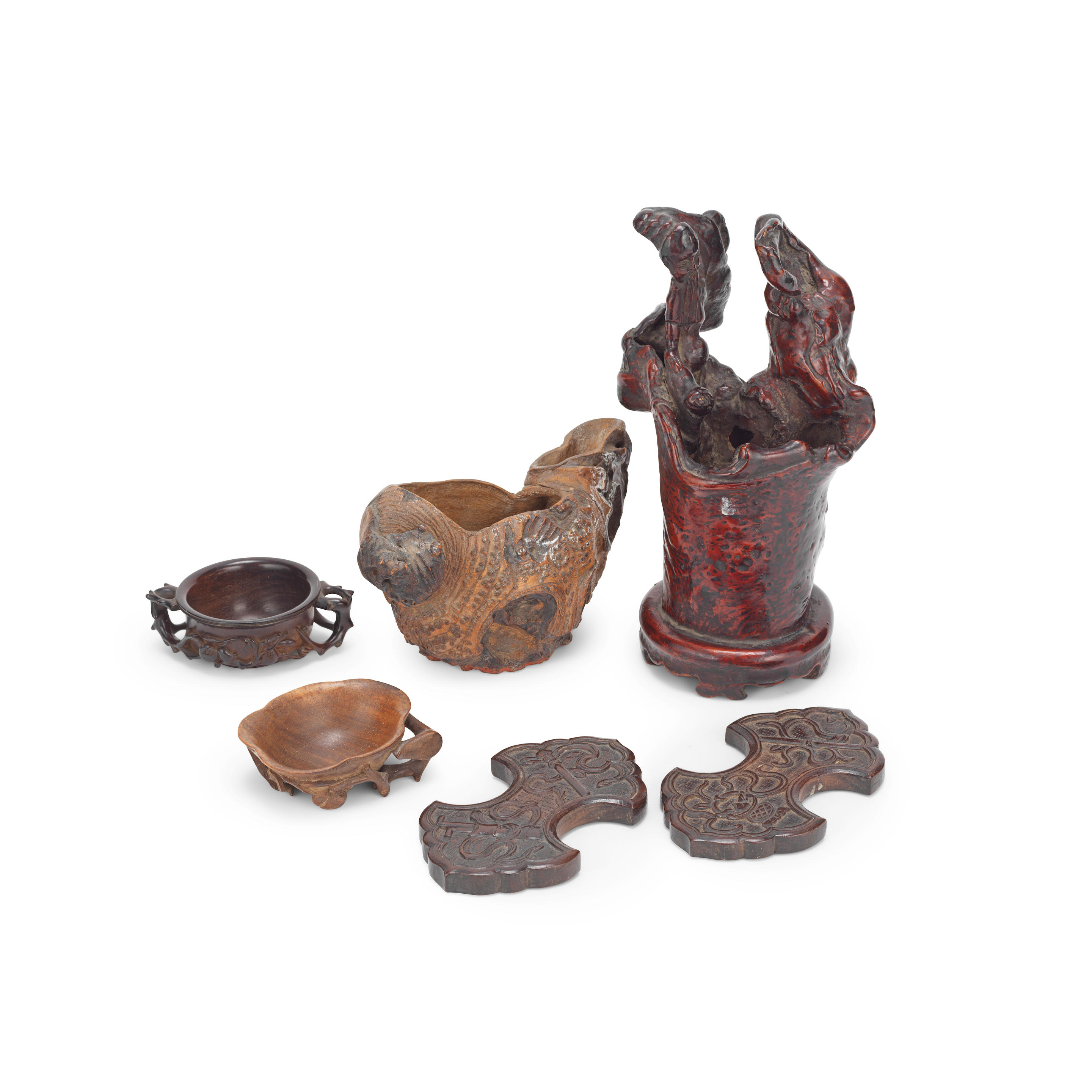 TWO CARVED WOOD CUPS A PAIR OF WOOD CASH SCROLL