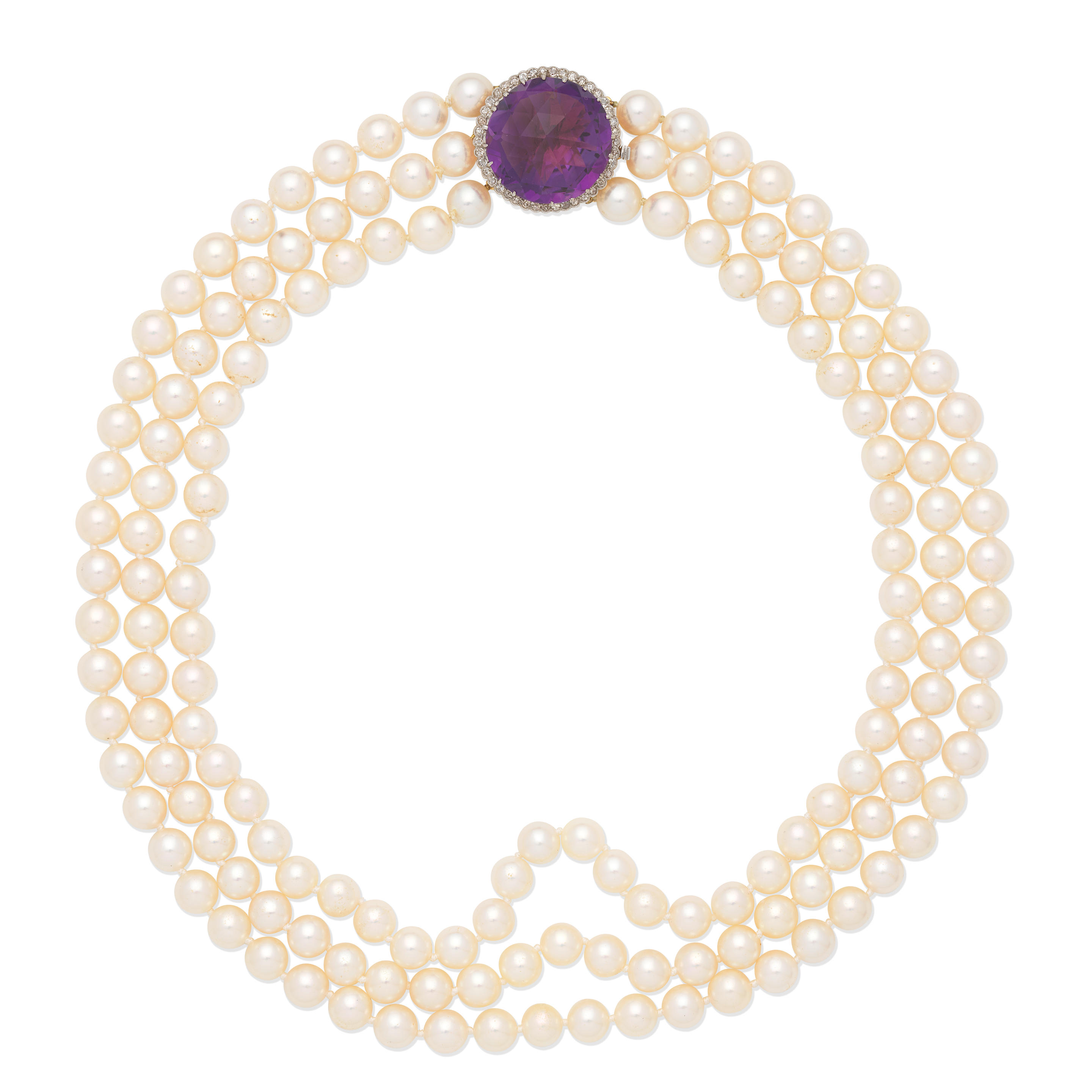 CULTURED PEARL AMETHYST AND DIAMOND NECKLACE The three rows of