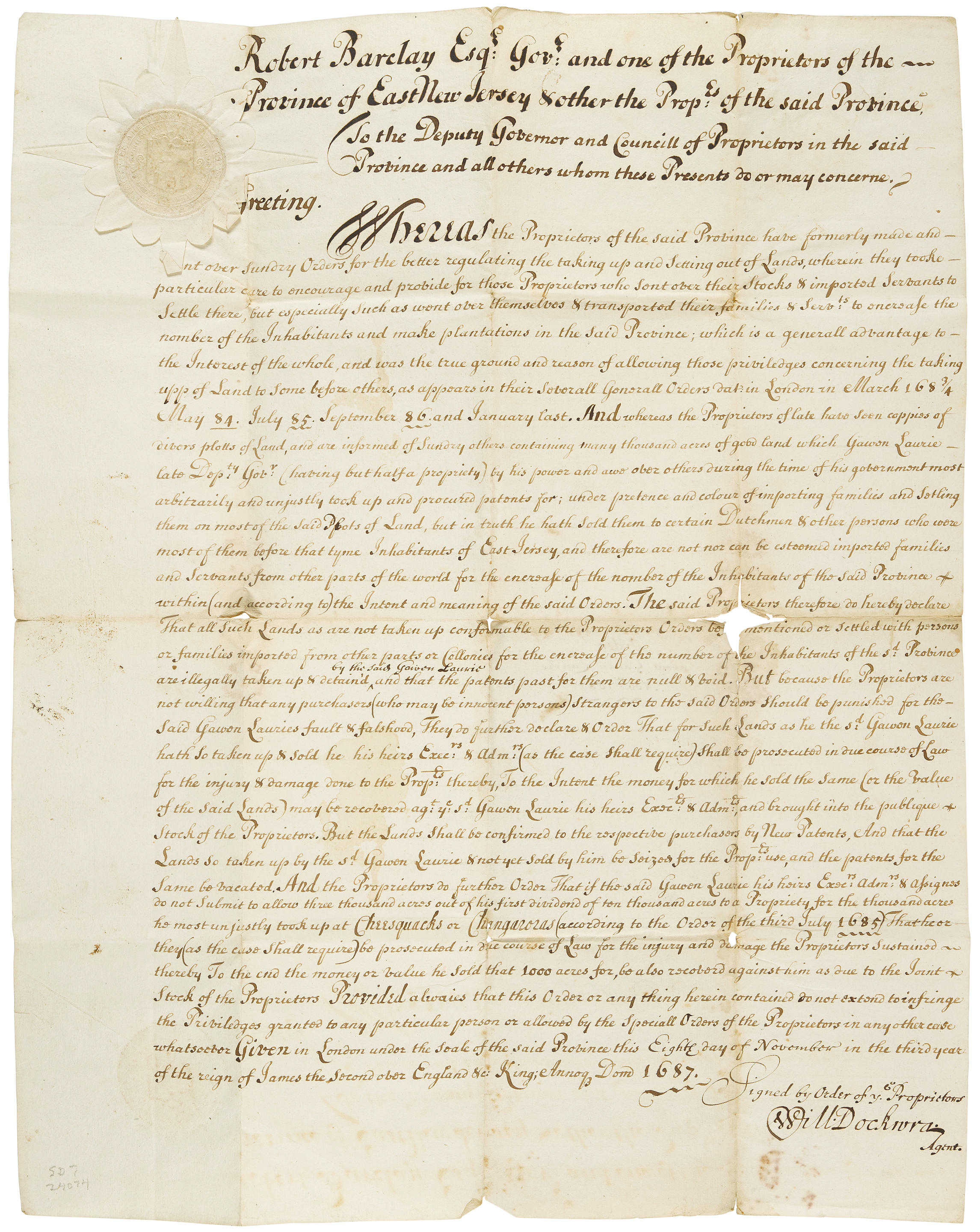 NEW JERSEY HISTORY BARCLAY ROBERT 1648 1690 Manuscript document accomplished