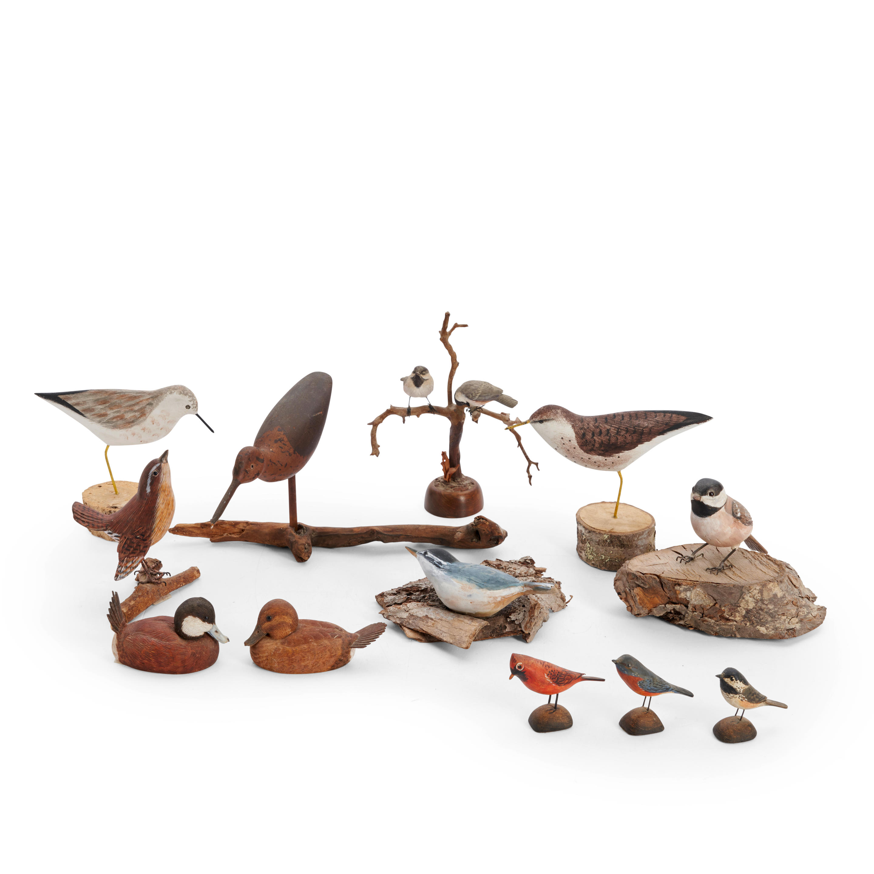 COLLECTION OF TWELVE CARVED POLYCHROME BIRDS America late 20th century