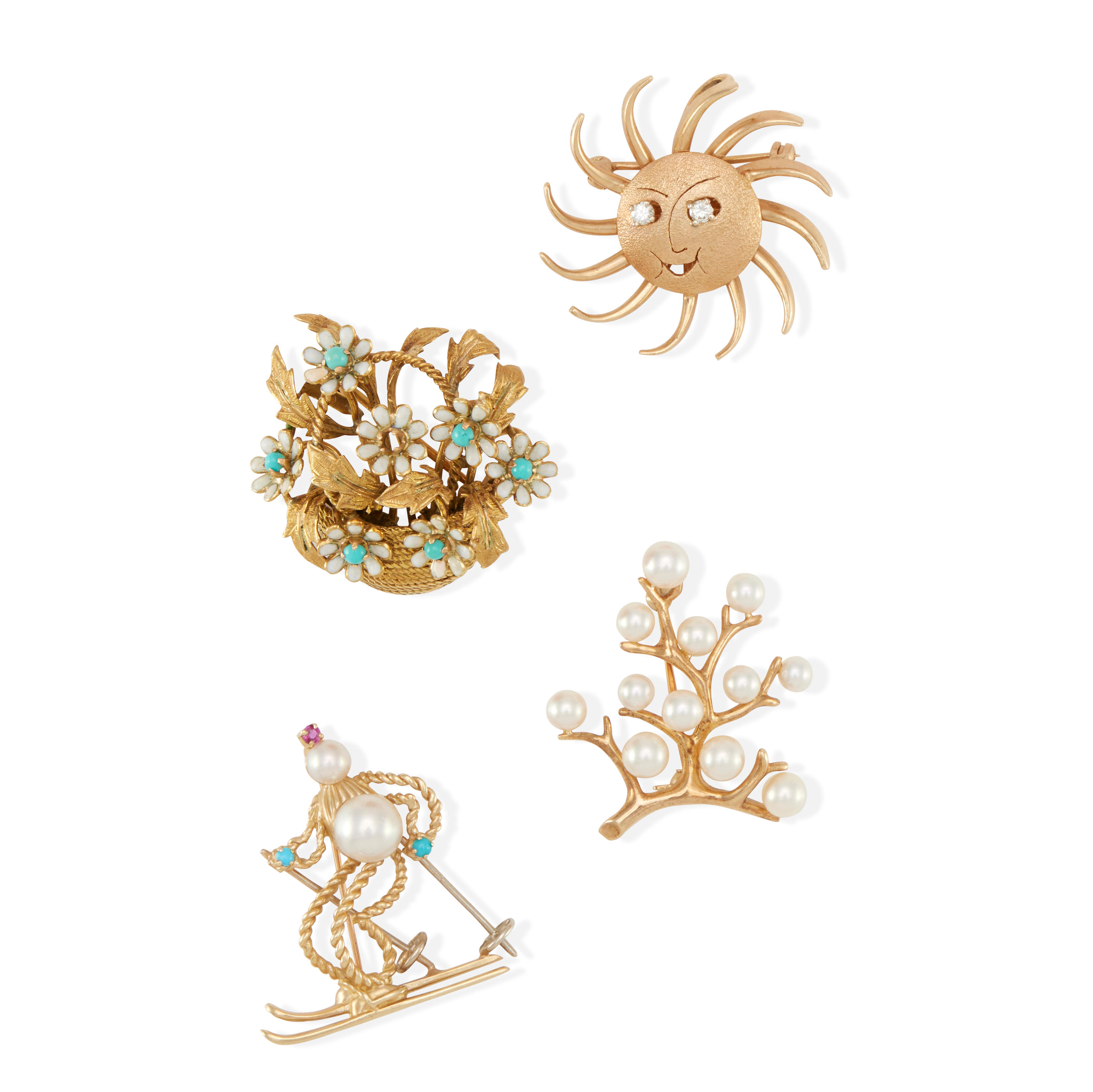 A GROUP OF GOLD AND GEM SET BROOCHES Diamonds turquoise