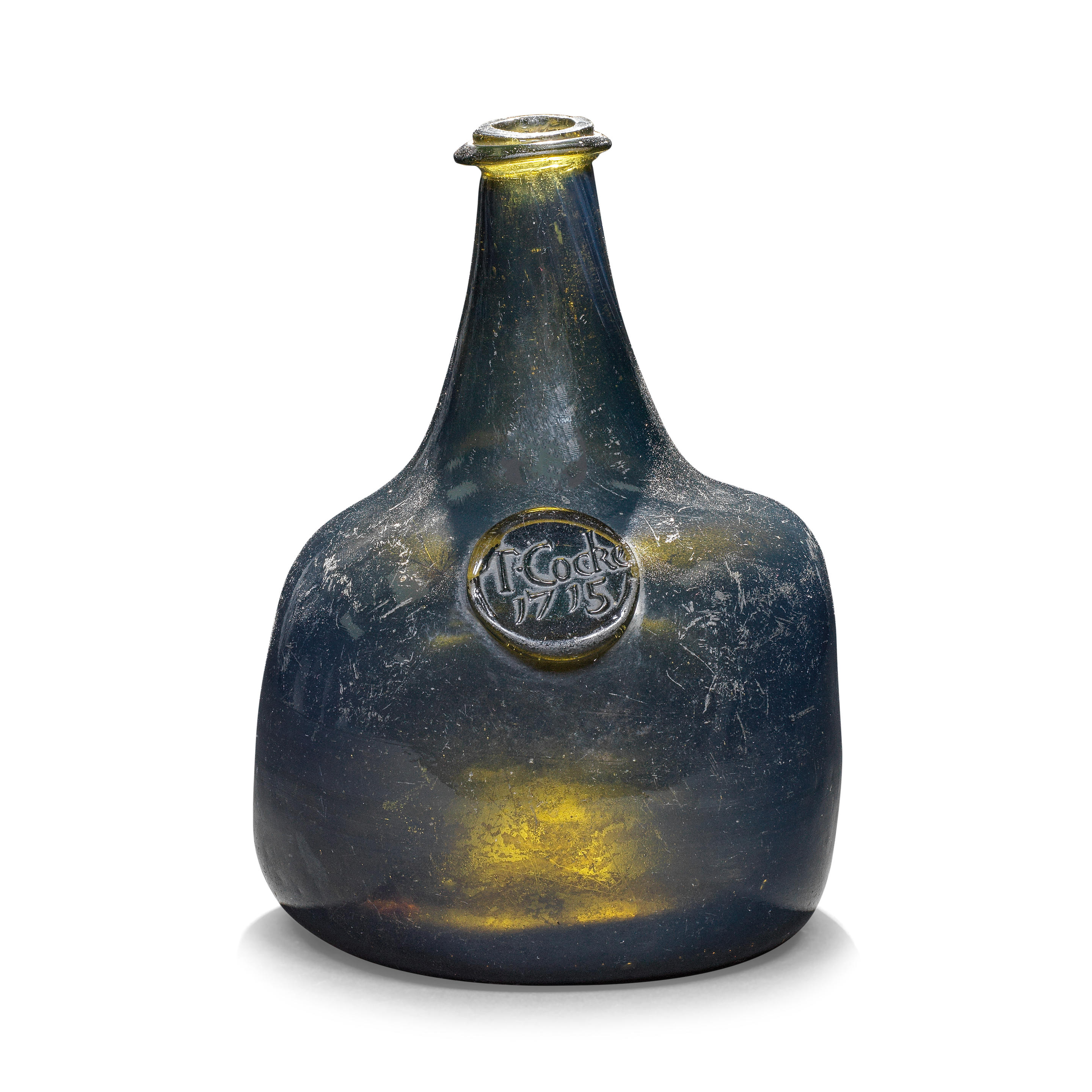 A VERY RARE SEALED OPALESCENT SQUARE SIDED ONION WINE BOTTLE