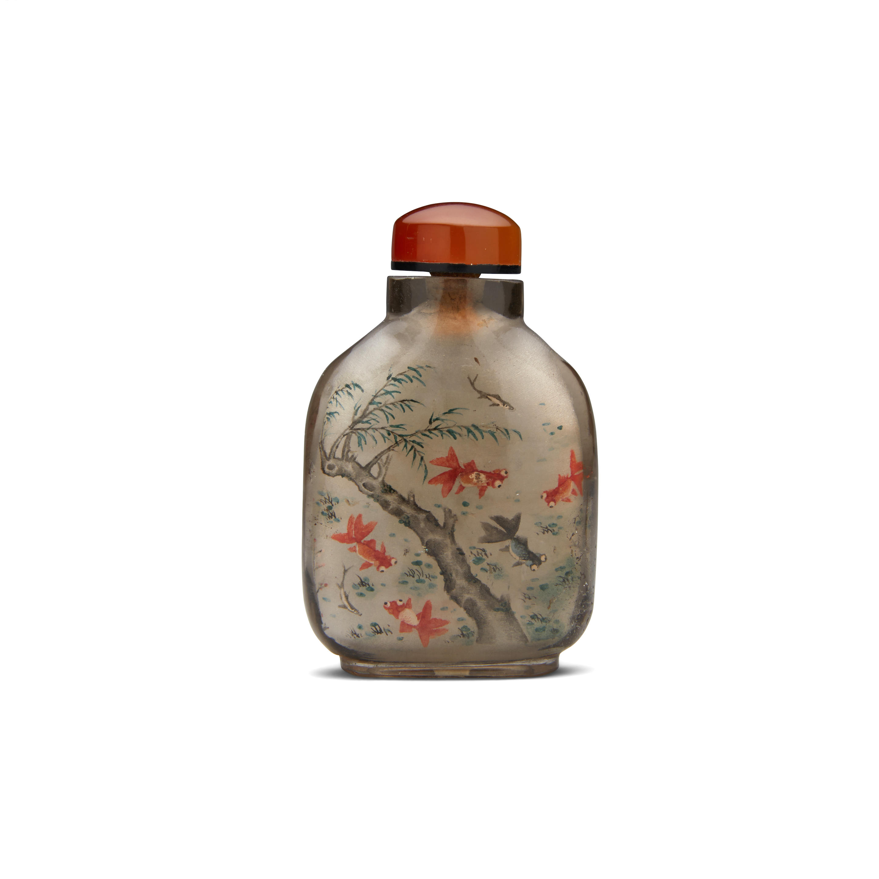 AN INSIDE PAINTED SMOKY ROCK CRYSTAL FISH SNUFF BOTTLE Ye