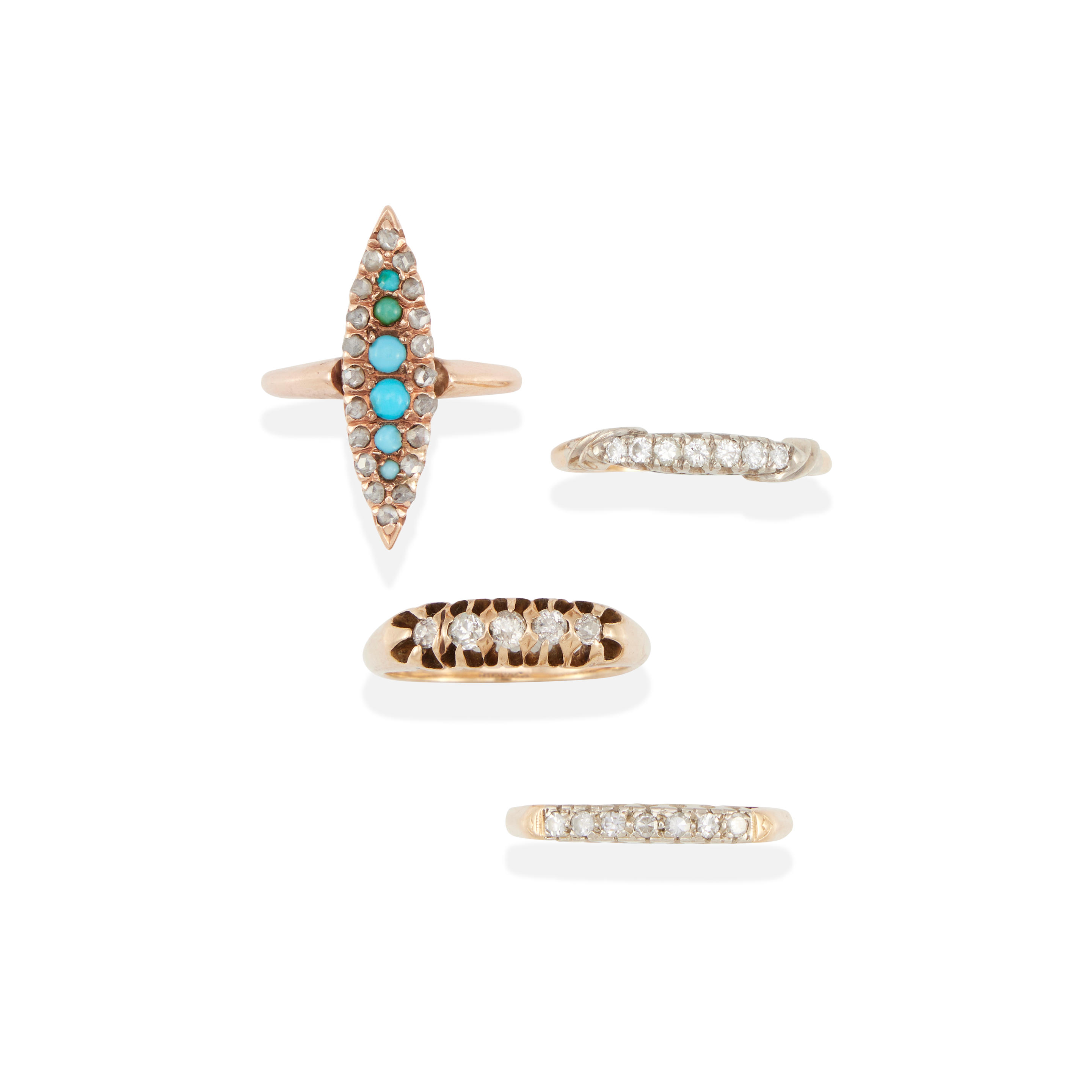FOUR GOLD AND DIAMOND RINGS 9k and 14k yellow gold