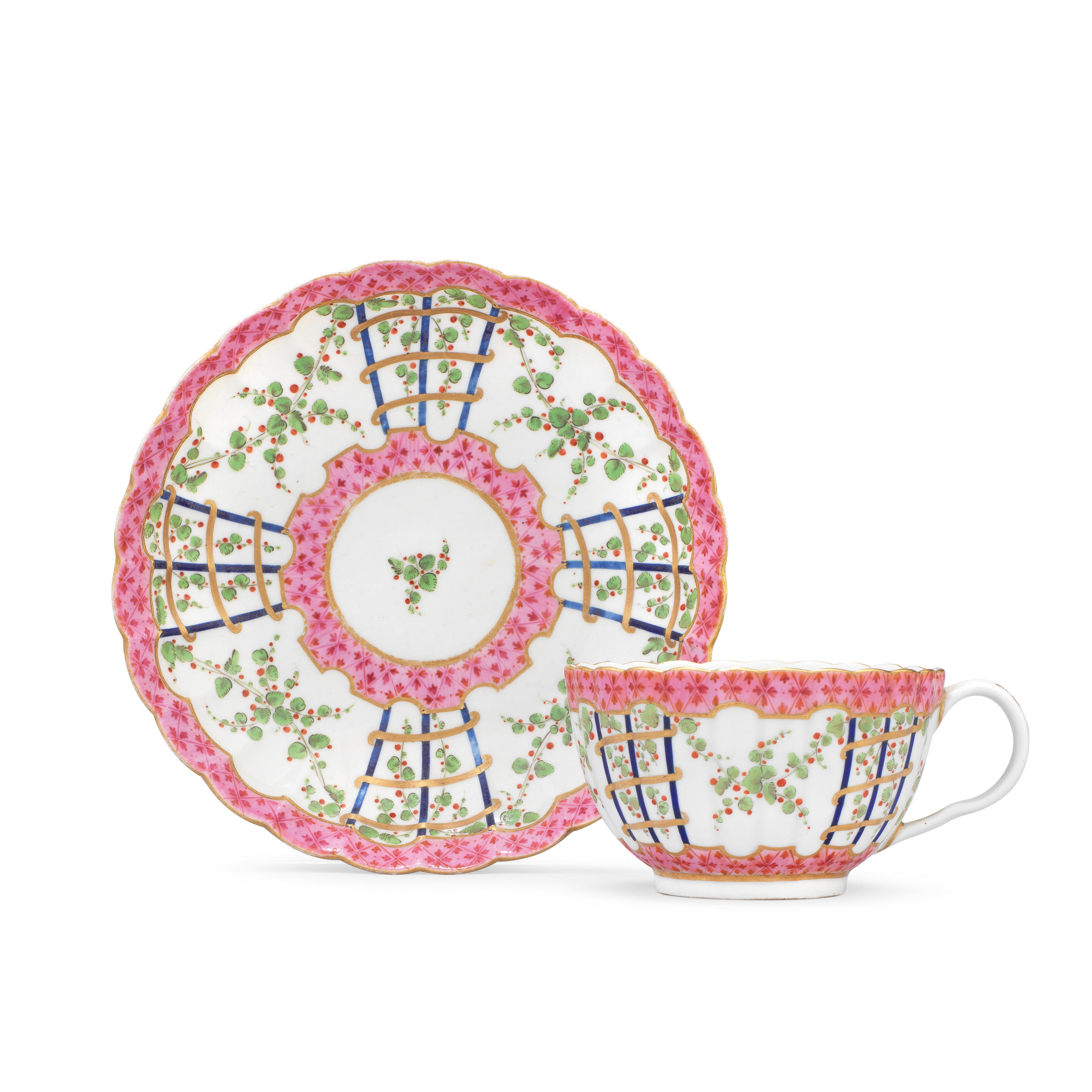 A WORCESTER TEACUP AND SAUCER CIRCA 1775 Of reeded French