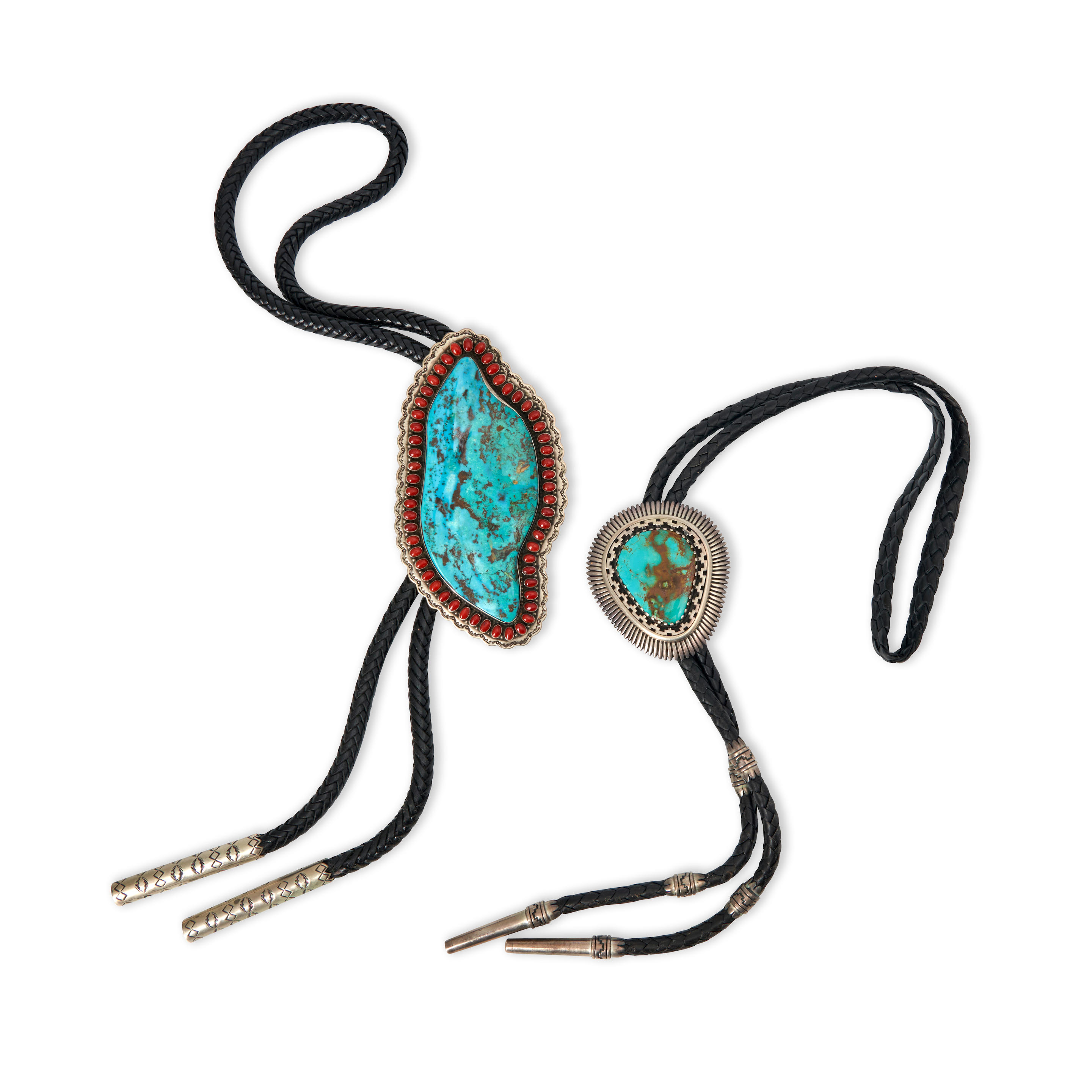 TWO LARGE SILVER AND TURQUOISE BOLO TIES Matthew Charley Din