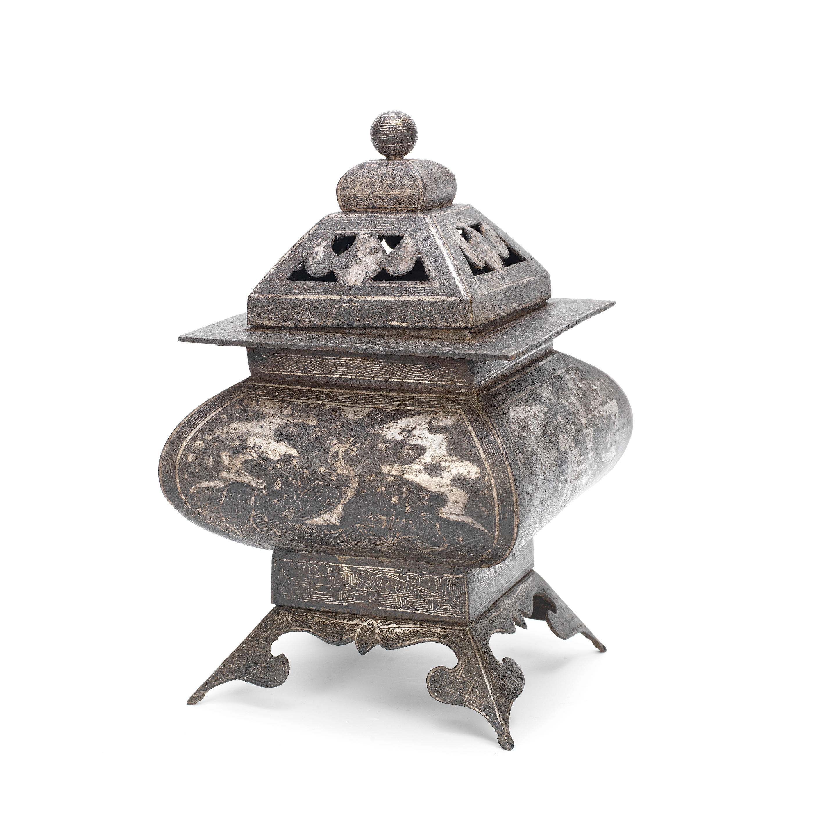 A SILVER WIRE INLAID IRON INCENSE BURNER AND COVER Korea