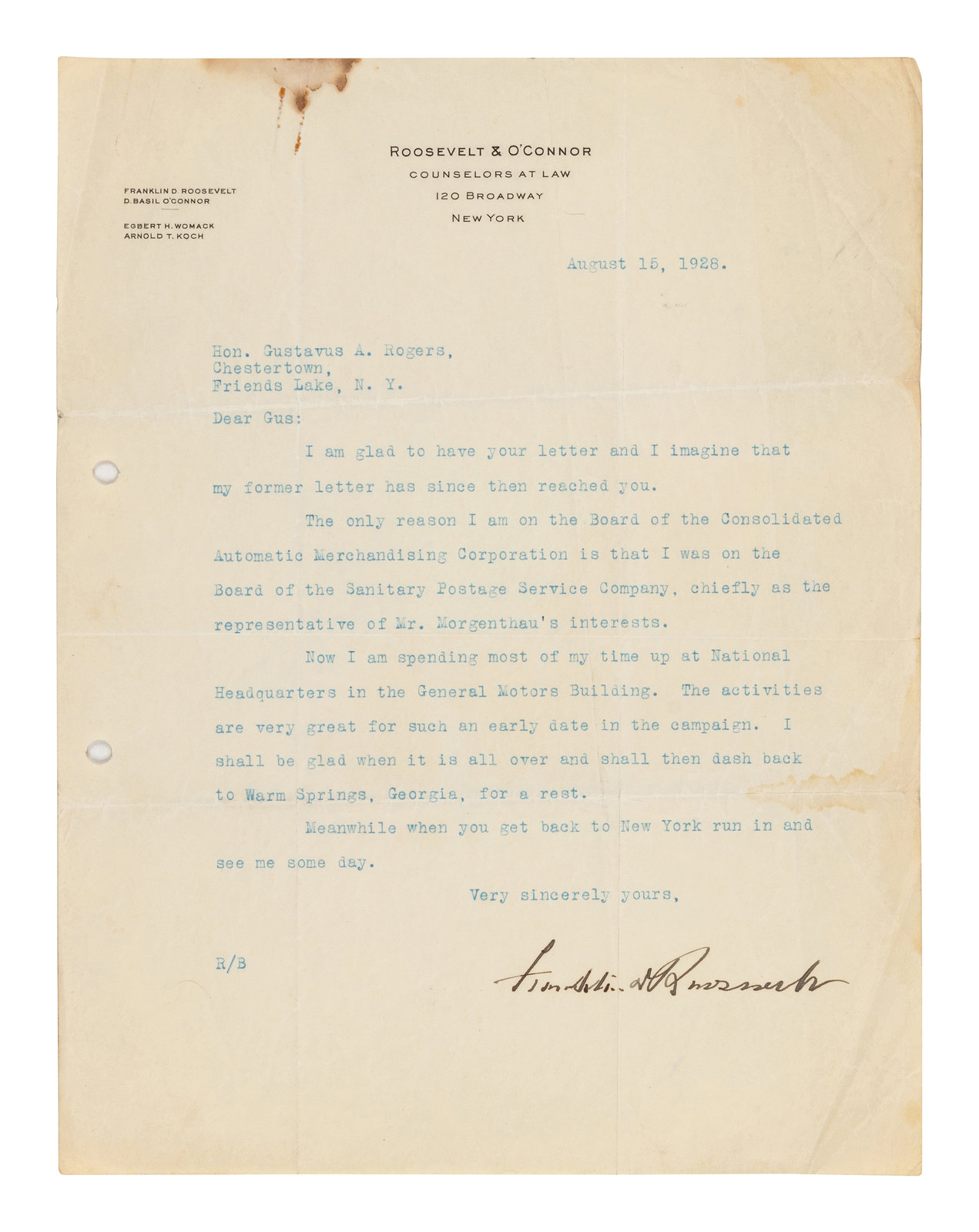 ROOSEVELT Franklin D 1882 1945 Typed letter signed Franklin D