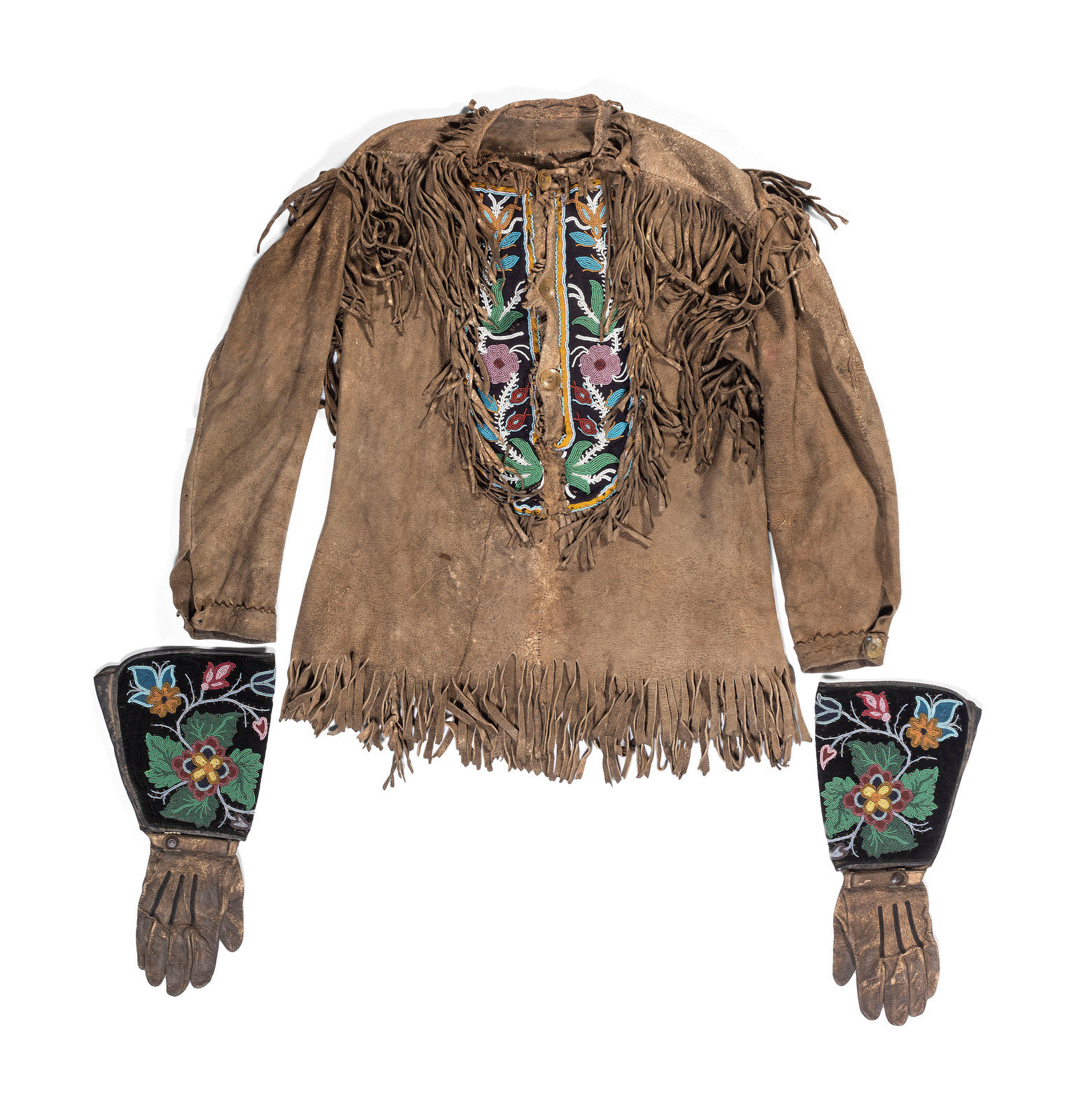 Great Lakes Beaded Hide Shirt and Complementing Gauntlets ca 1900