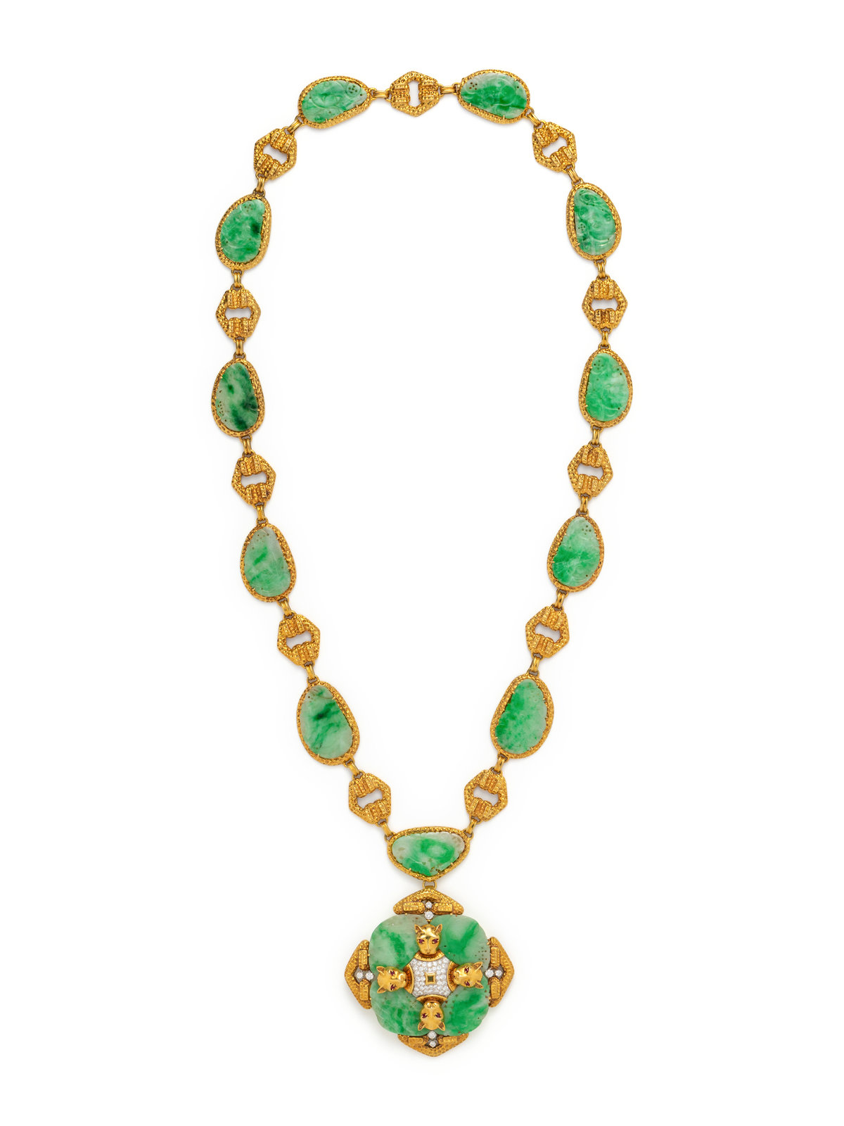 TRIO CONVERTIBLE YELLOW GOLD JADE AND DIAMOND PENDANT BROOCH NECKLACE