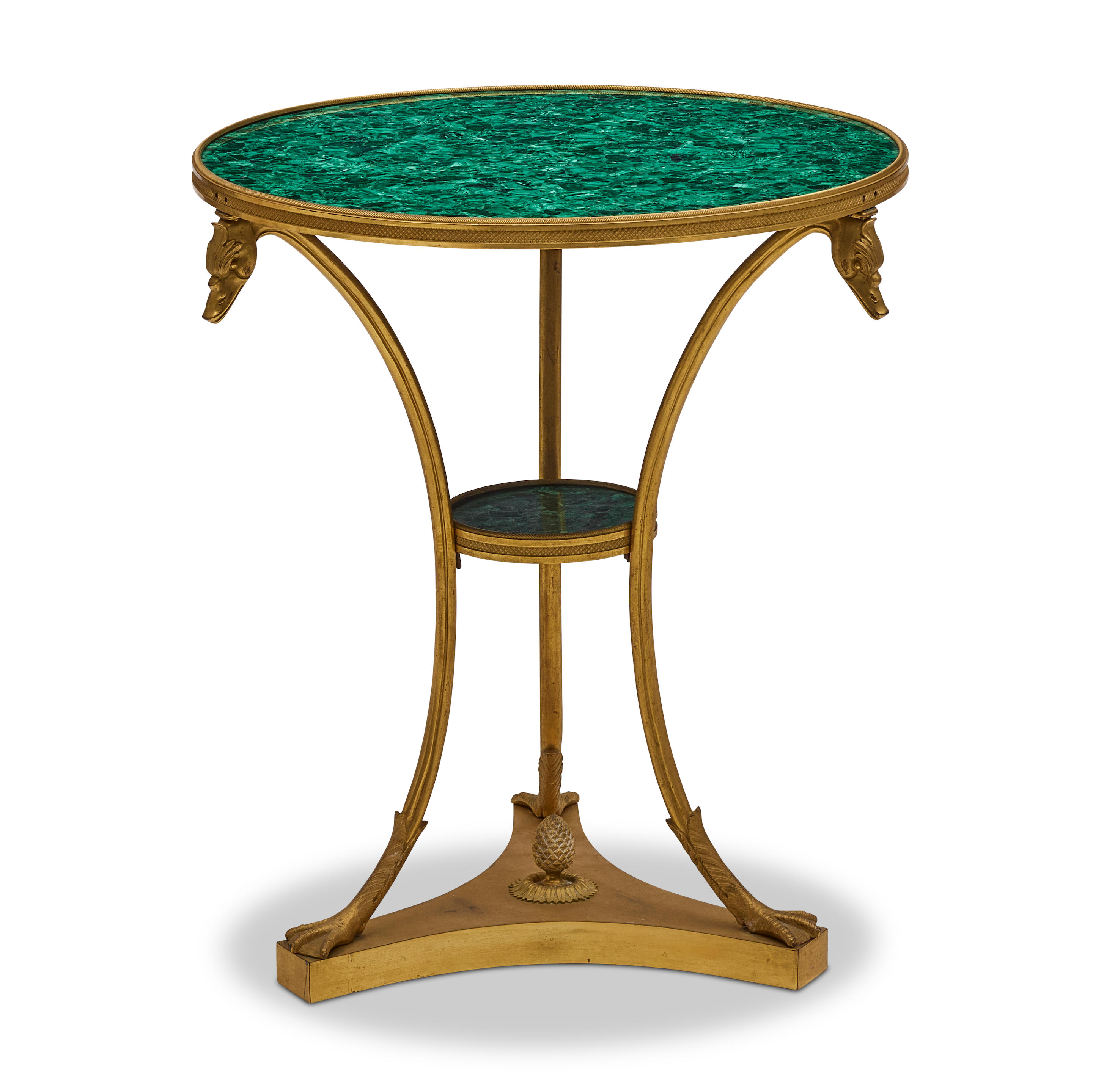 A NEOCLASSICAL STYLE MALACHITE AND GILT BRONZE GUERIDON height 26