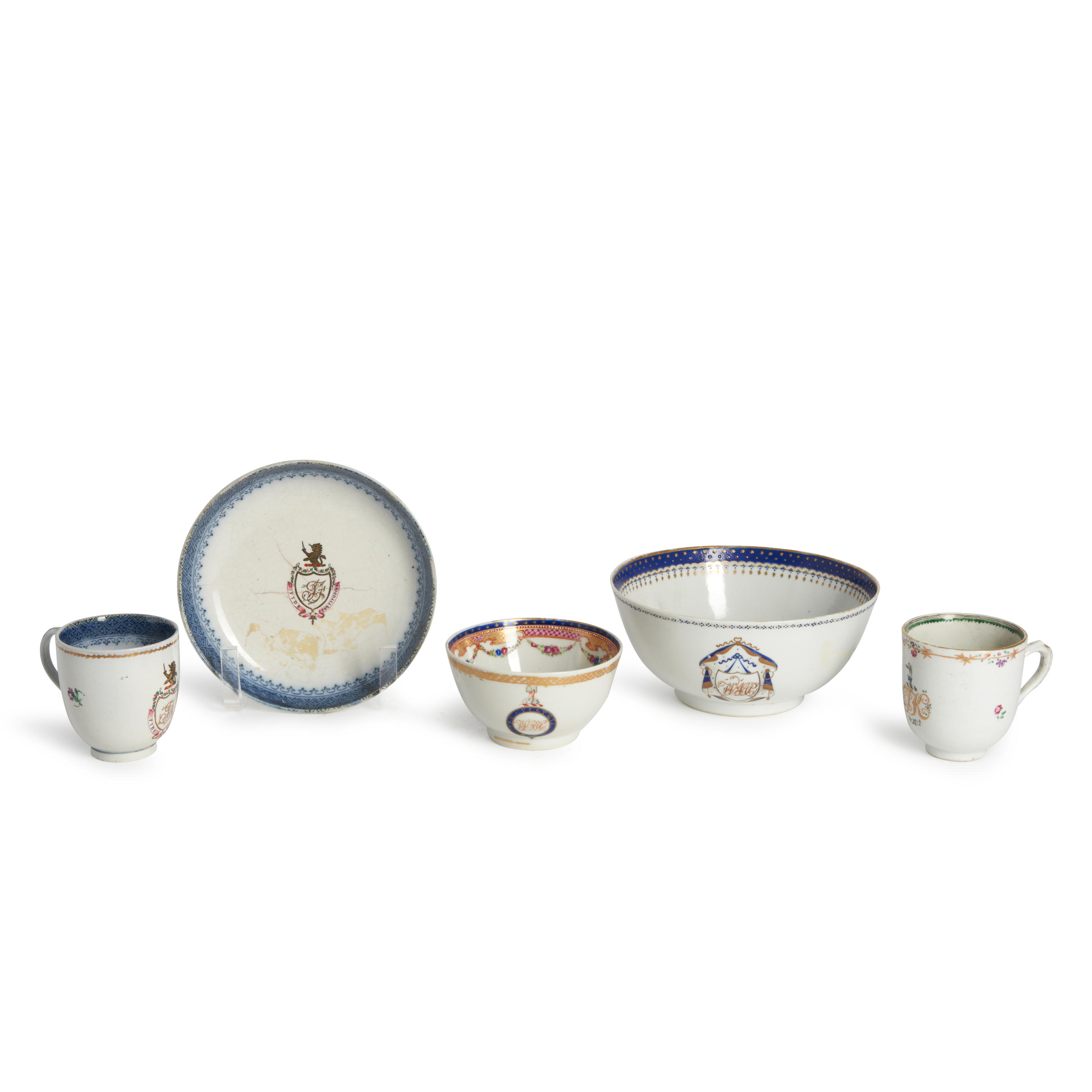 FIVE ARMORIAL CERAMIC TABLE ITEMS China and England late 18th