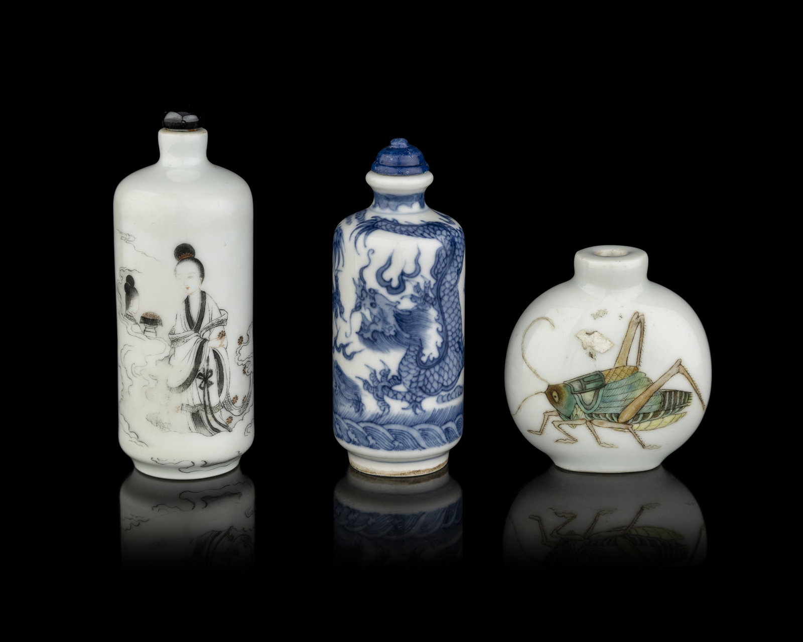 Three Chinese Porcelain Snuff Bottles 19th early 20th Century comprising