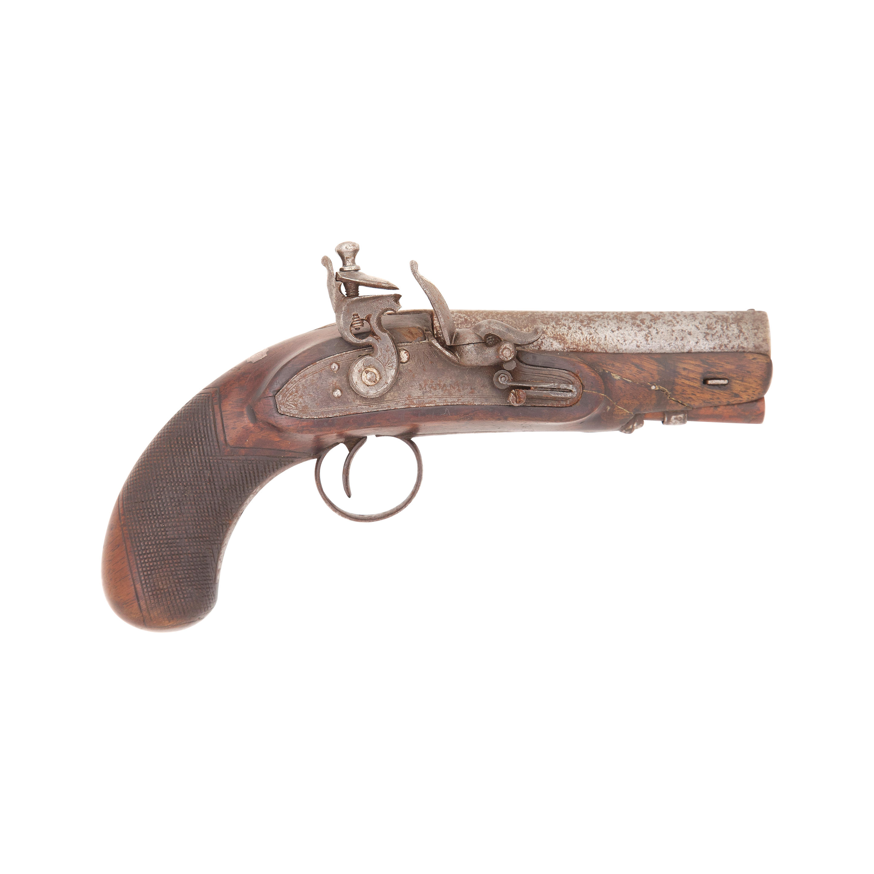AN IRISH 25 BORE FLINTLOCK TRAVELLING PISTOL BY MCDANIEL PROBABLY