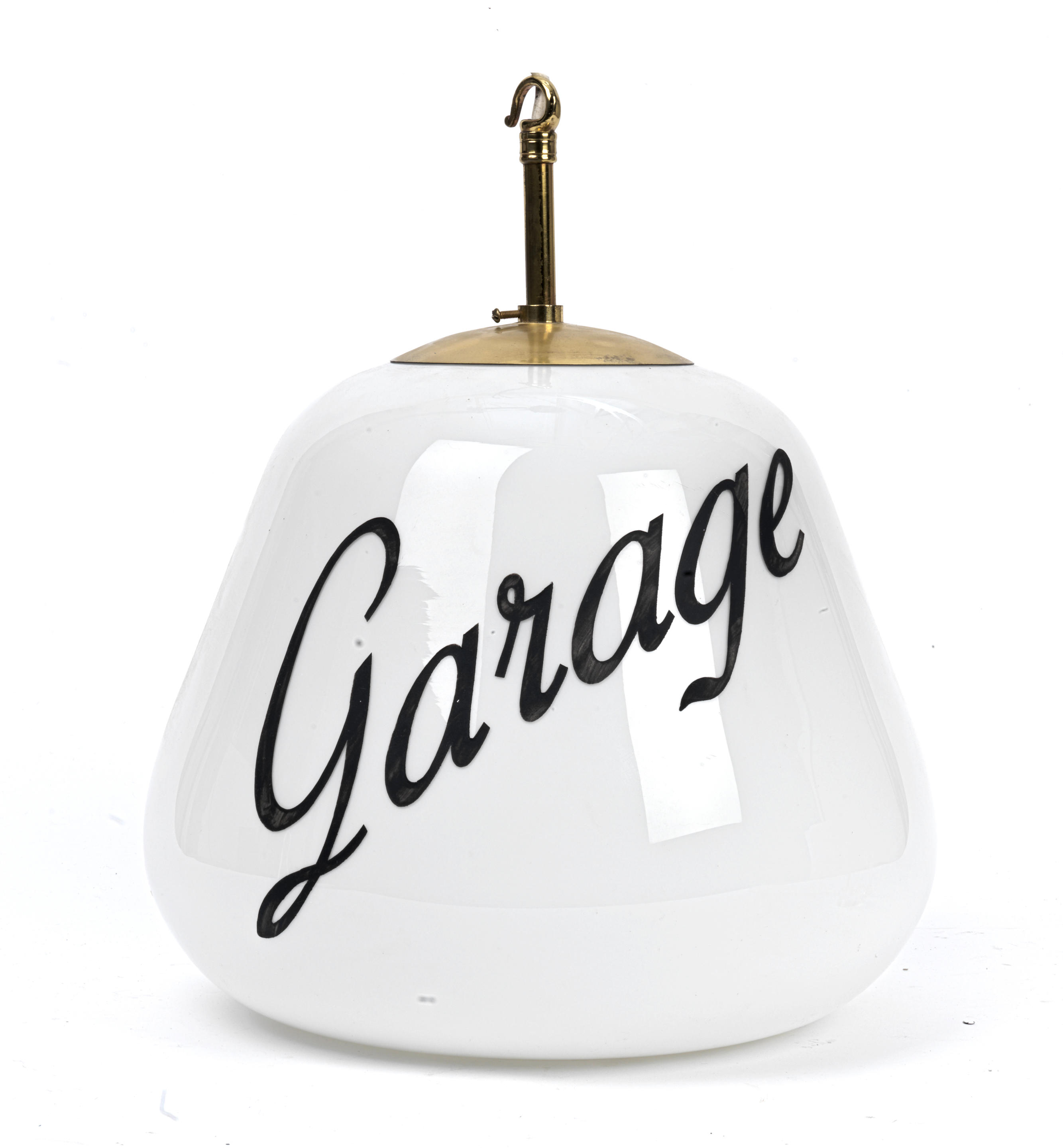 A GARAGE GLASS LIGHT SHADE white glass with etched lettering