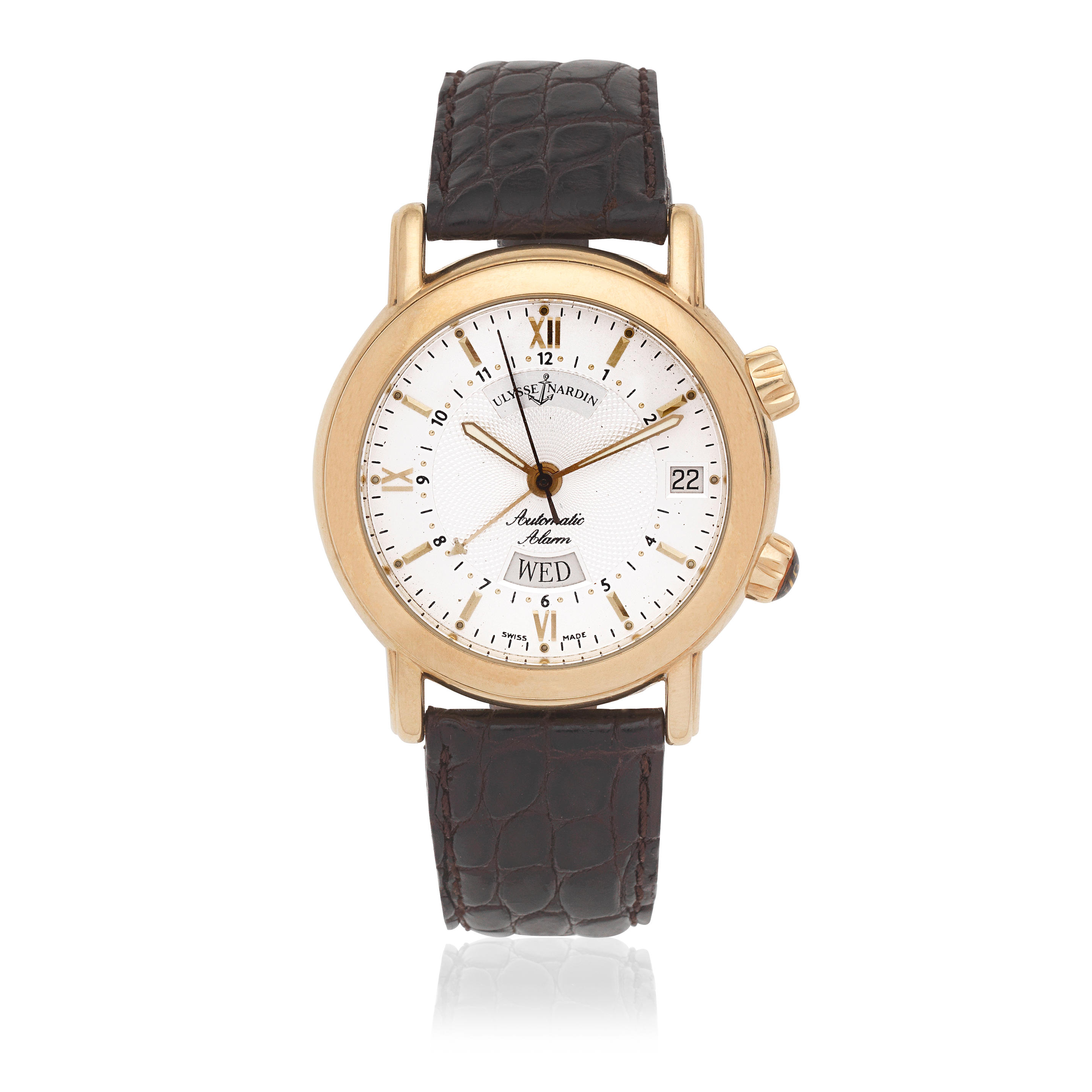 ULYSSE NARDIN AN 18K GOLD AUTOMATIC CALENDAR WRISTWATCH WITH ALARM