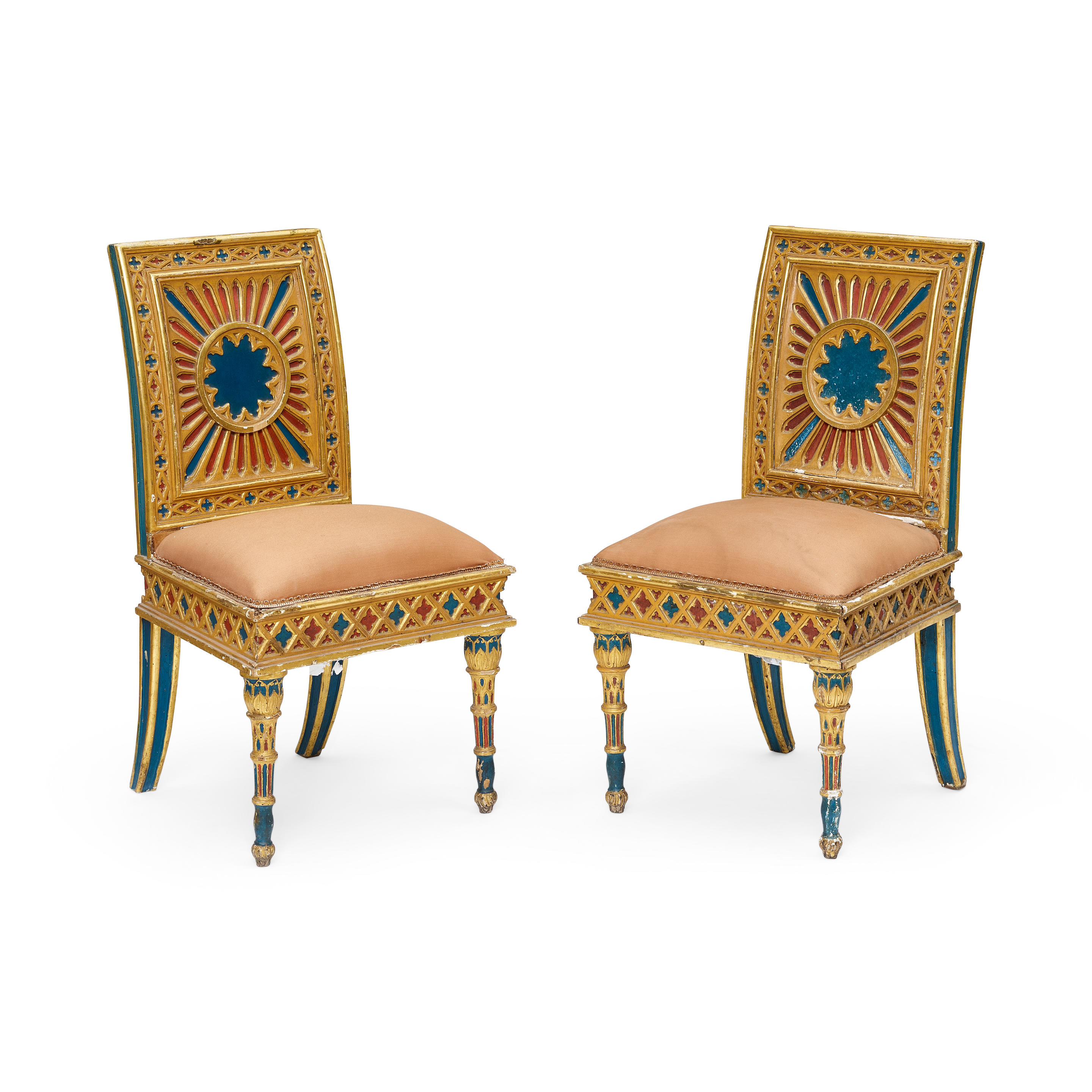 A PAIR OF RUSSIAN POLYCHROMED AND GILTWOOD SIDE CHAIRS 19th