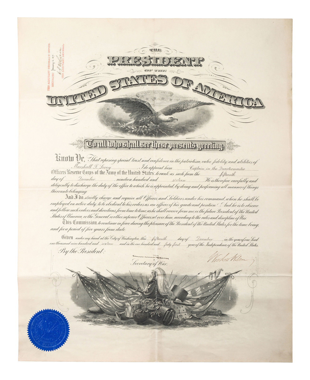 WILSON Woodrow 1856 1924 Partly printed military appointment signed Woodrow