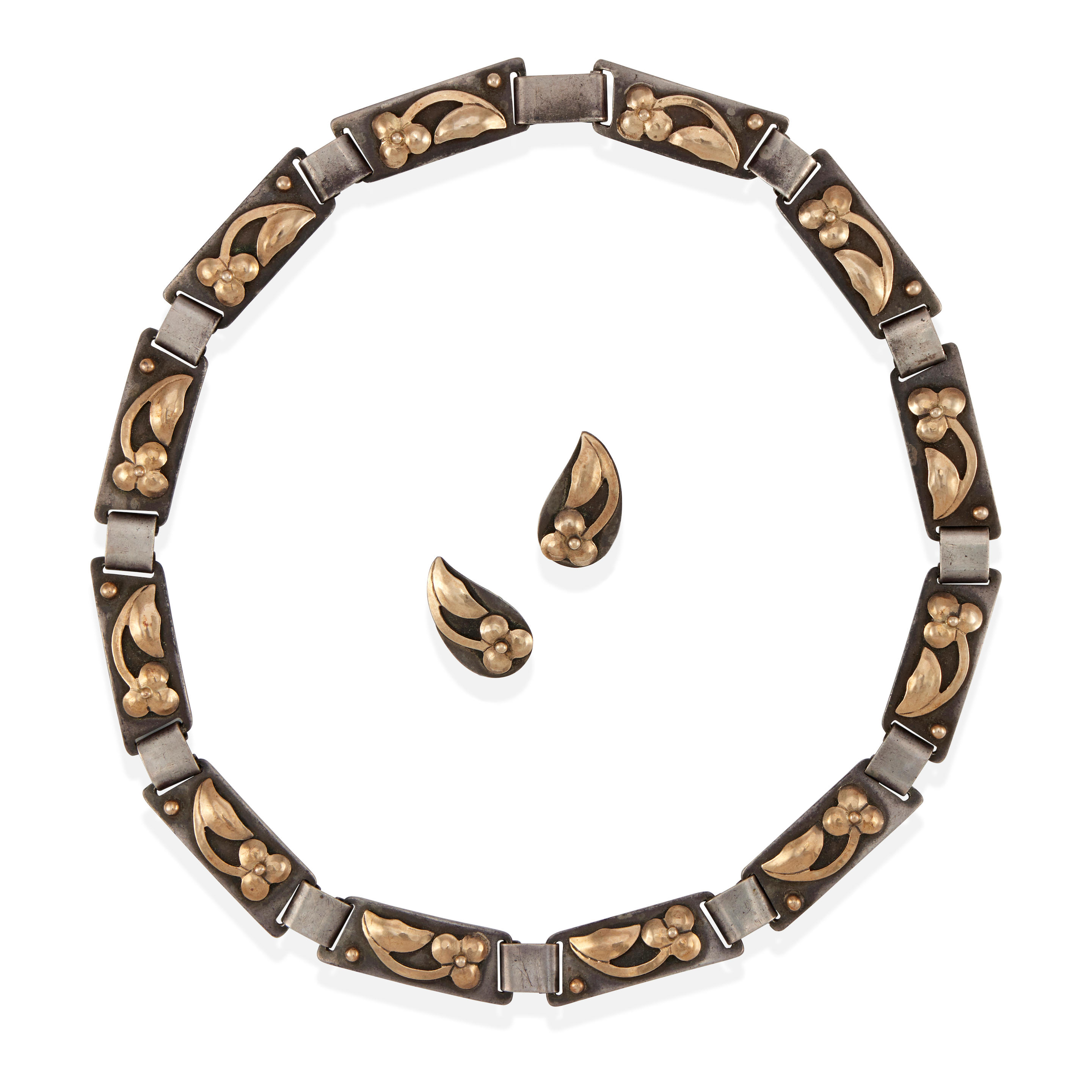GEORG JENSEN A SILVER AND 14K GOLD NECKLACE AND EAR