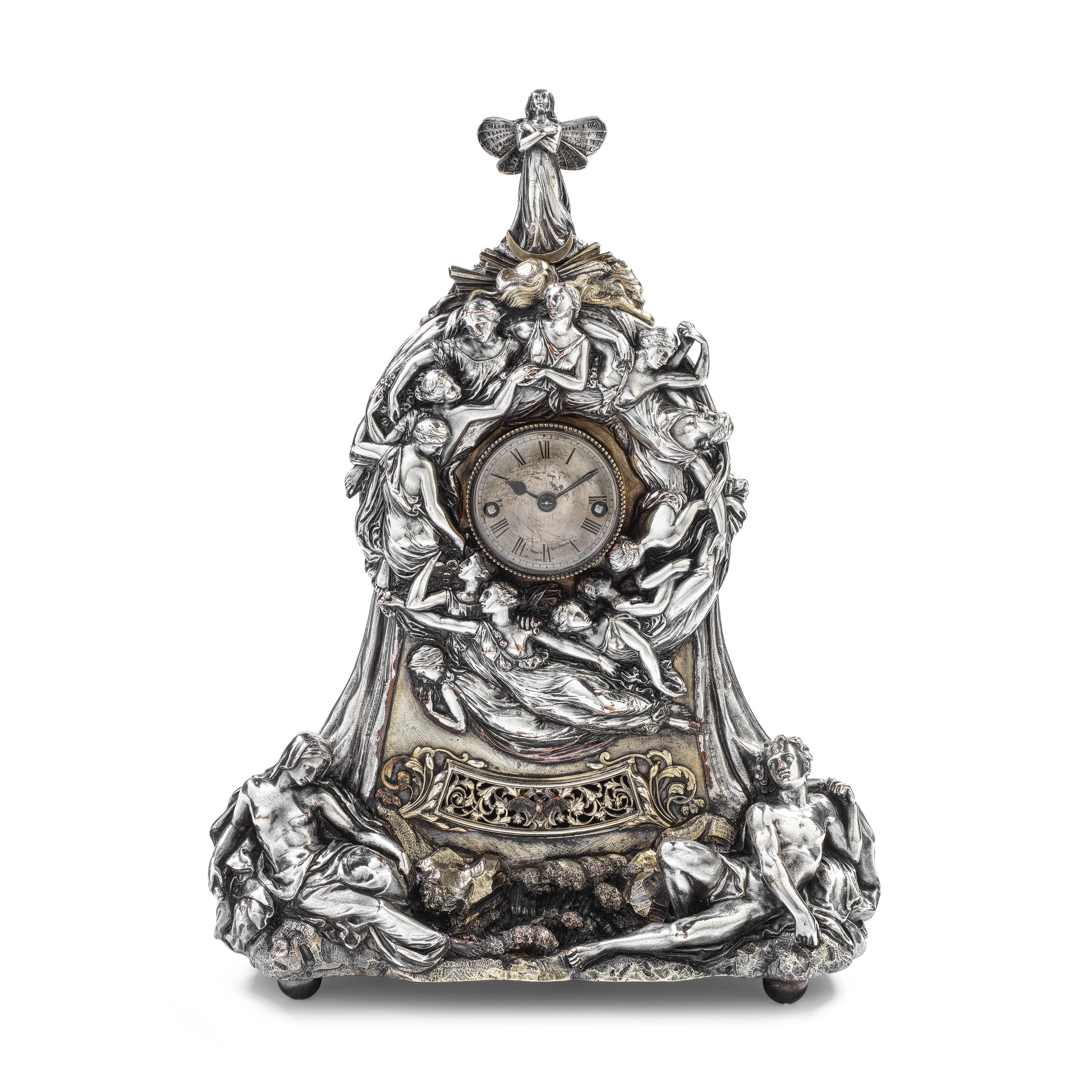 HISTORIC INTEREST AN EXHIBITION SILVER AND GILT ELECTROTYPE CLOCK the