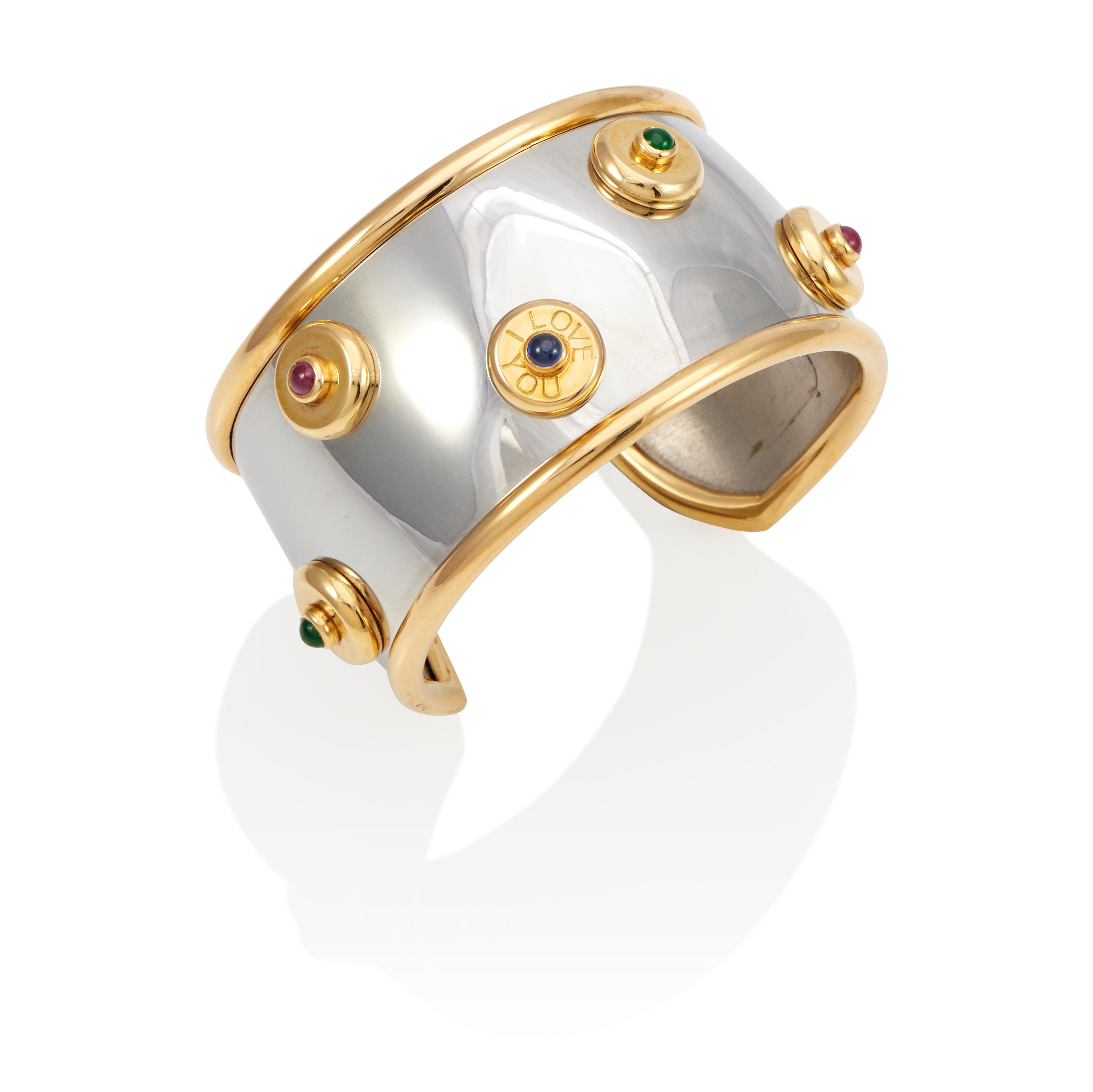 TABBAH A STEEL 18K GOLD AND GEM SET CUFF Rubies