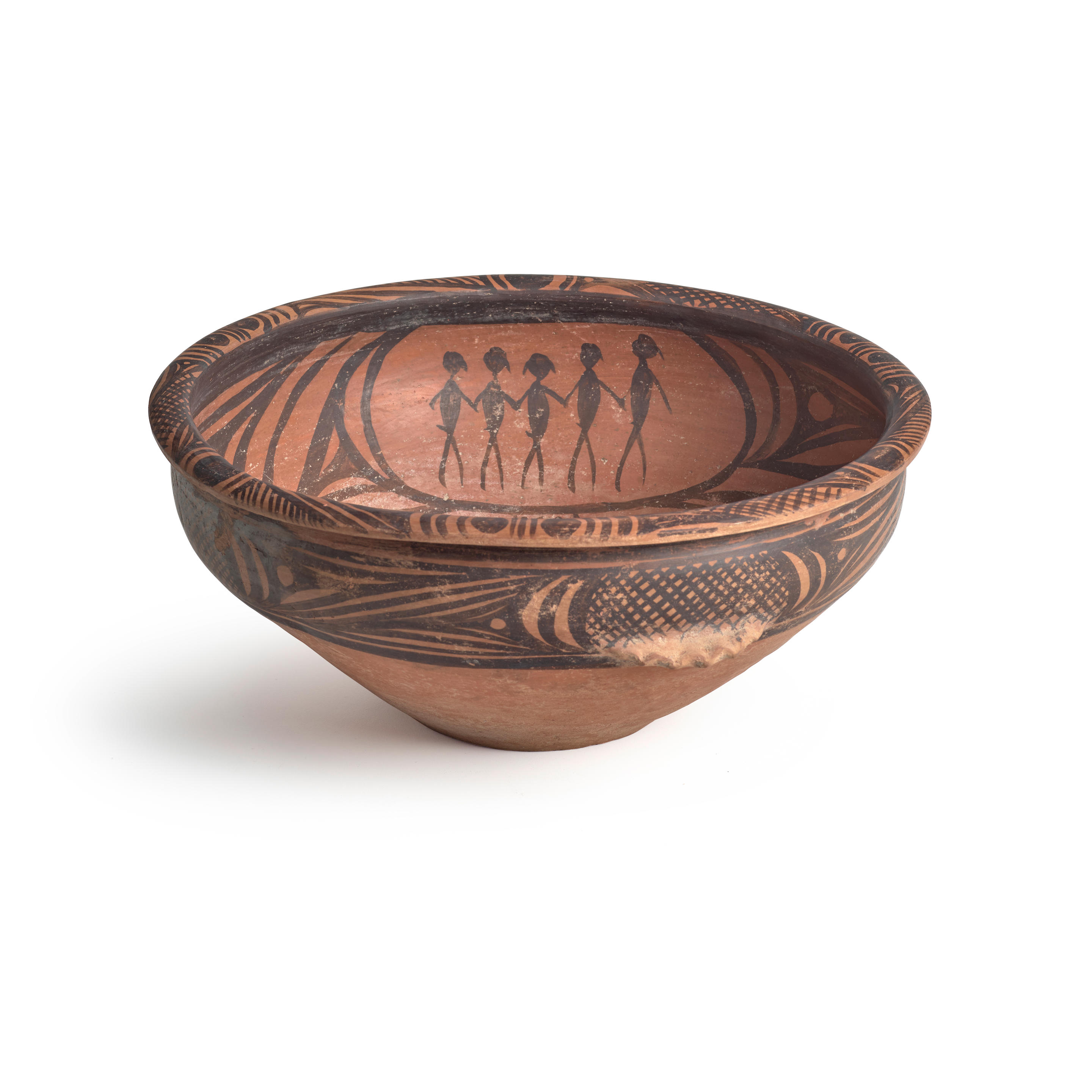 AN EXTREMELY RARE NEOLITHIC BLACK PAINTED RED POTTERY ITHYPHALLIC BOWL