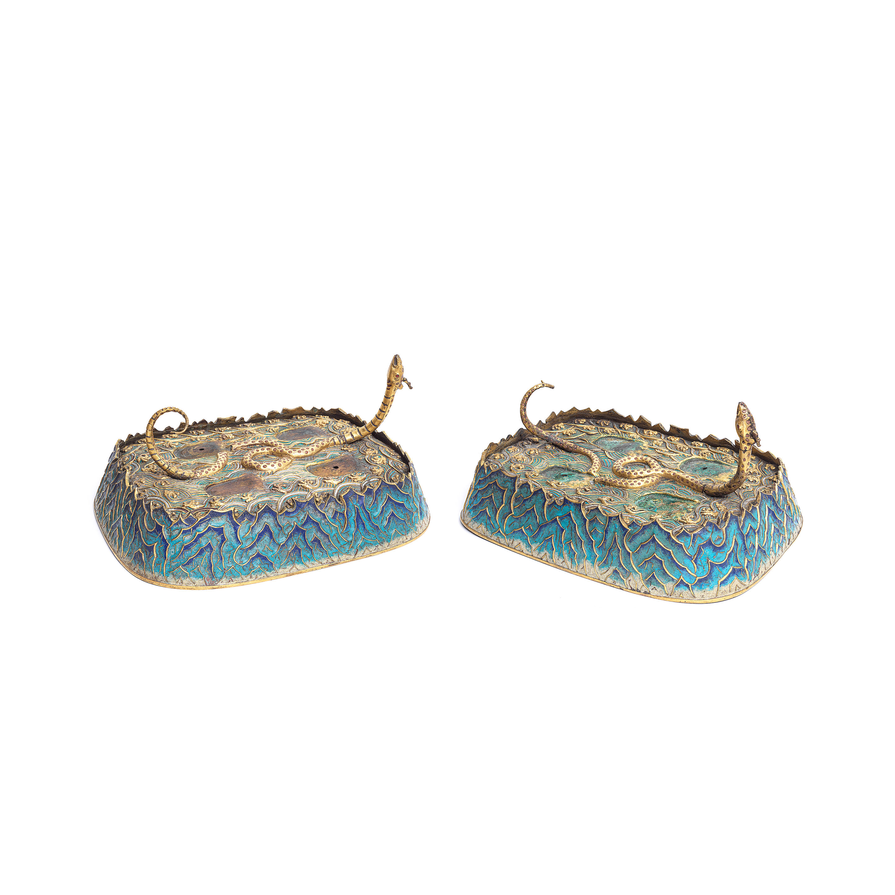 A PAIR OF CHAMPLEV ENAMEL AND GILT COPPER STANDS 18th