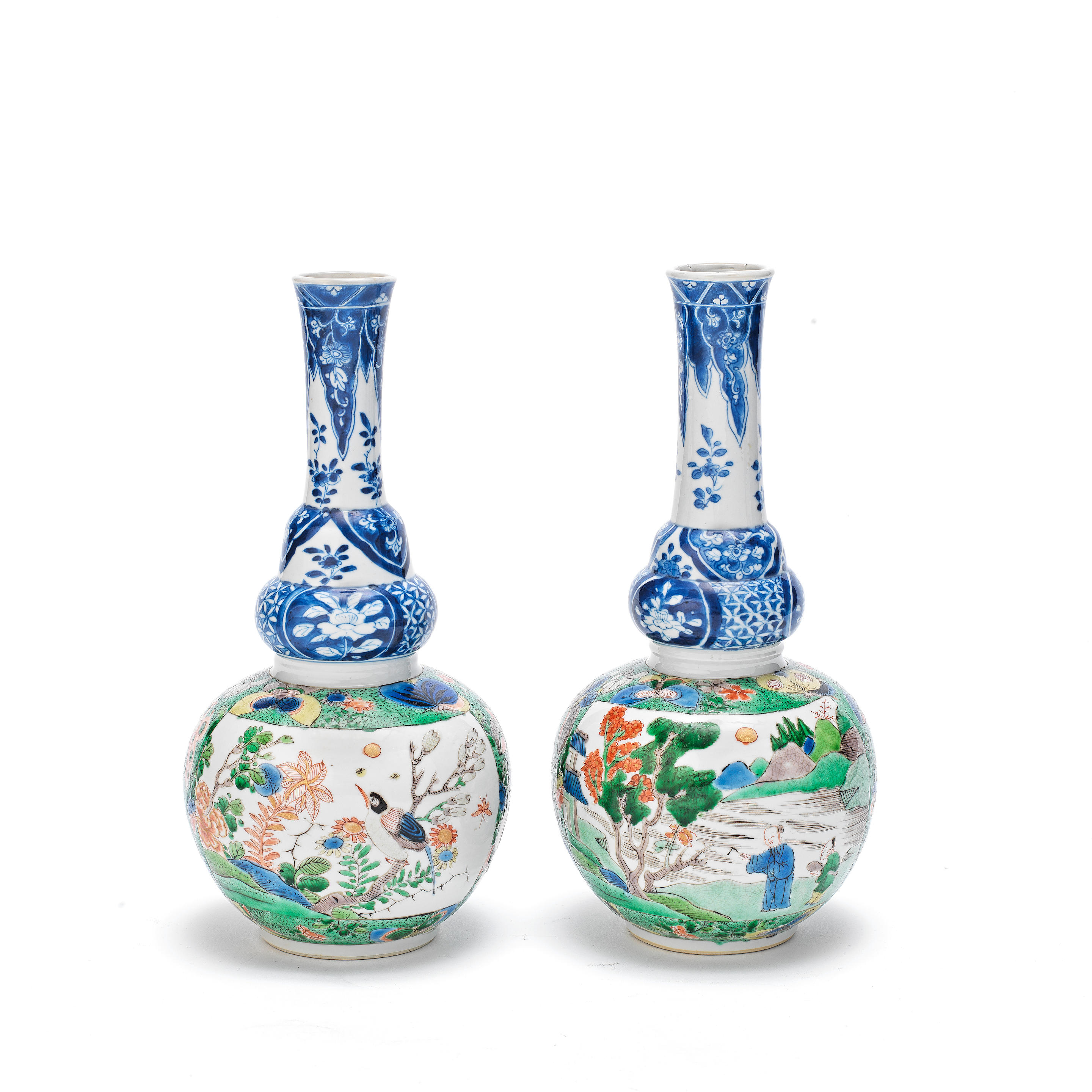 A PAIR OF UNDERGLAZE BLUE AND FAMILLE VERTE DOUBLE GOURD