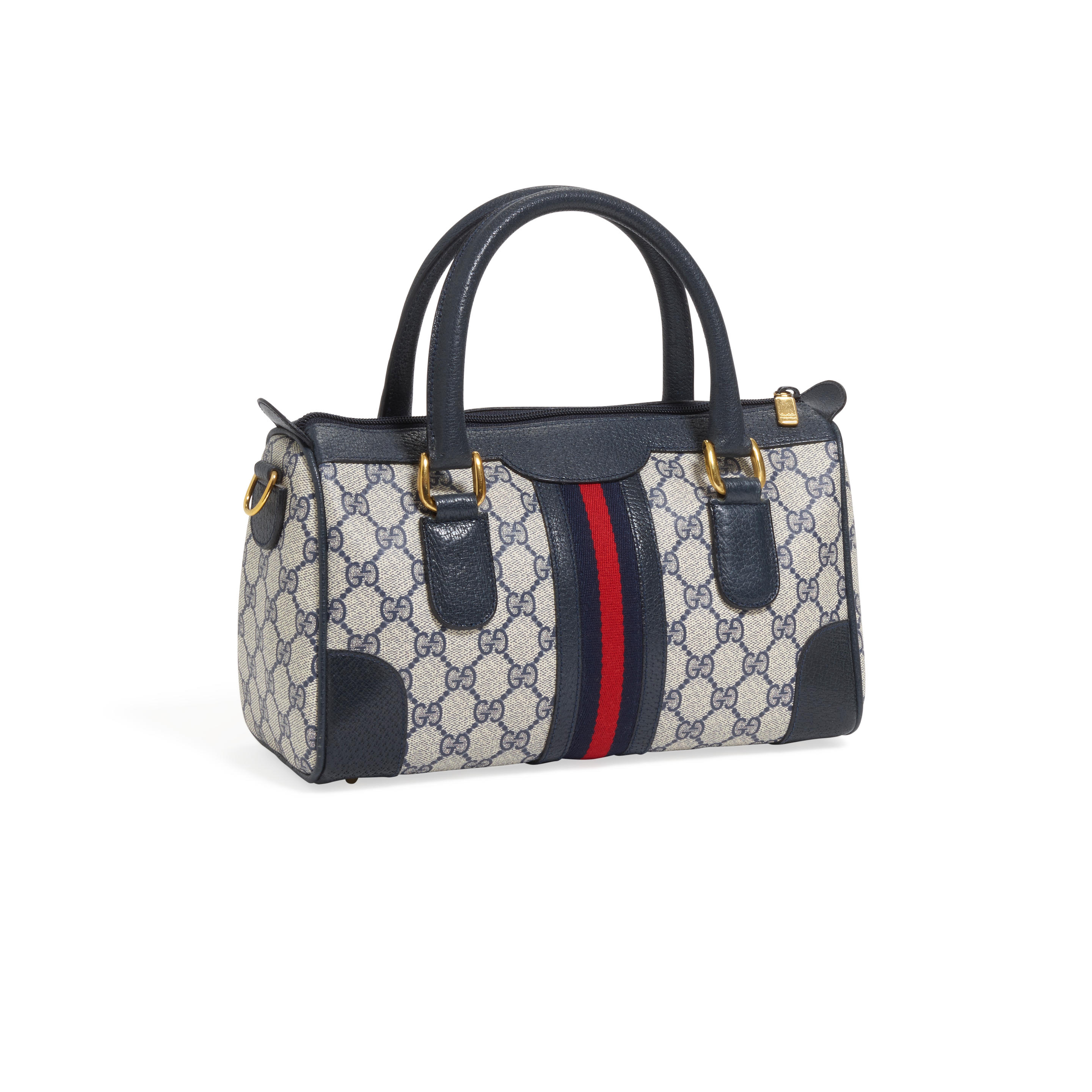 GUCCI A GG SUPREME BOSTON WEB HANDLE BAG Navy Leather