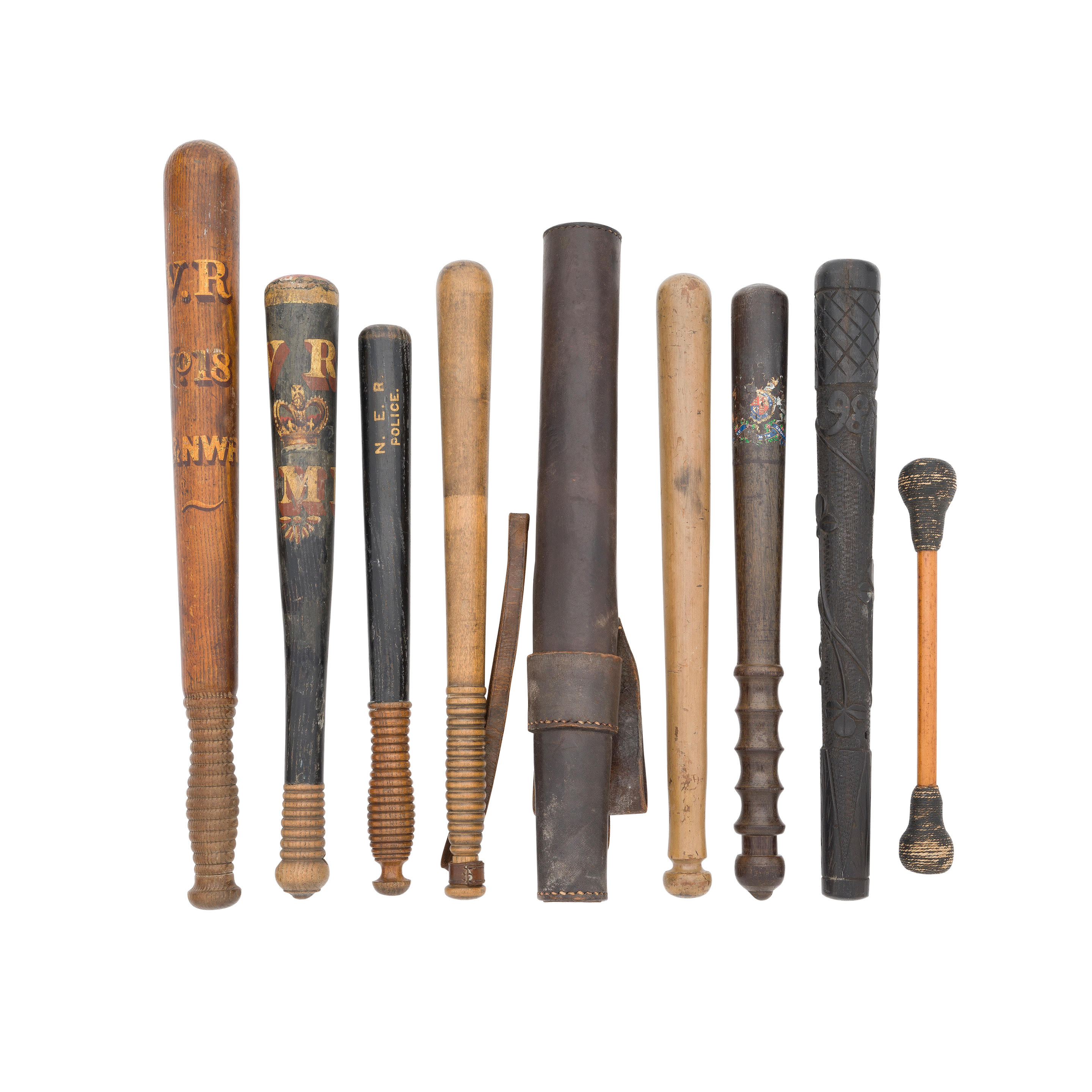 THREE RAILWAY COMPANY CONSTABULARY TRUNCHEONS AND FOUR OTHER CONSTABULARY TRUNCHEONS