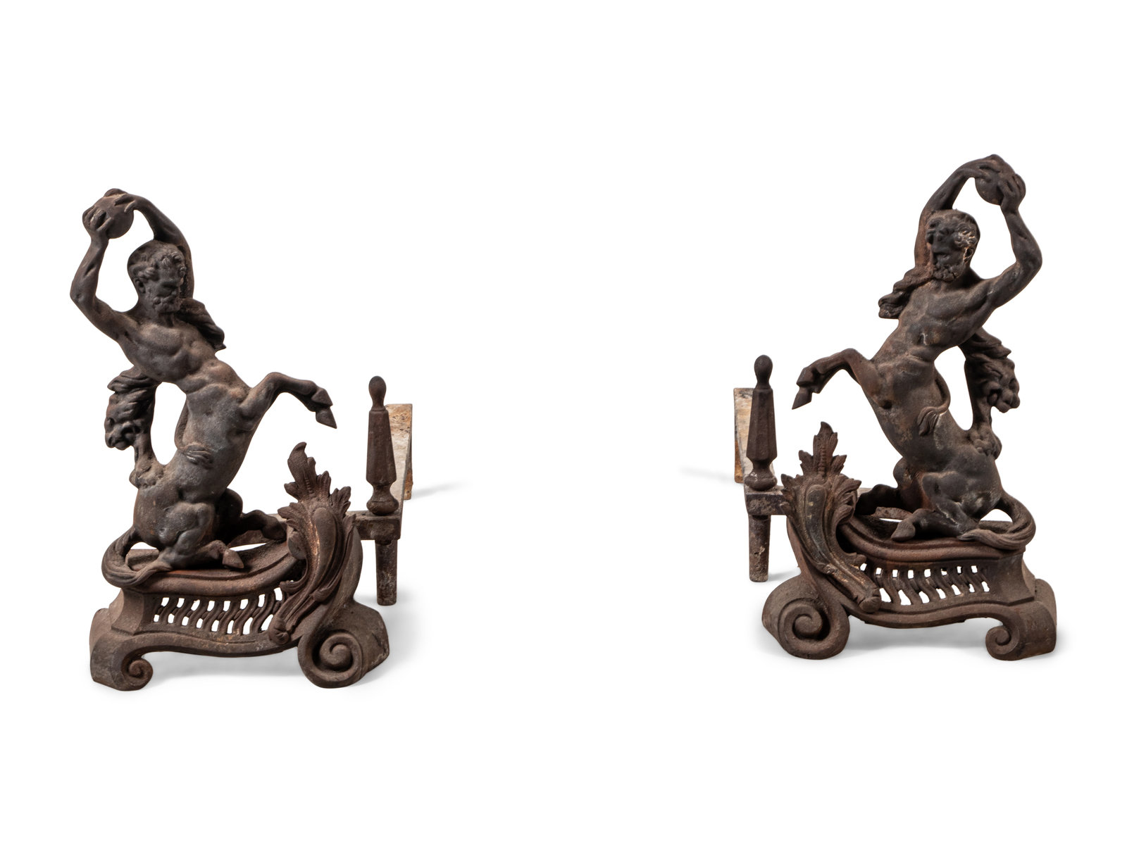 A Pair of Continental Iron Andirons with Hercules and the