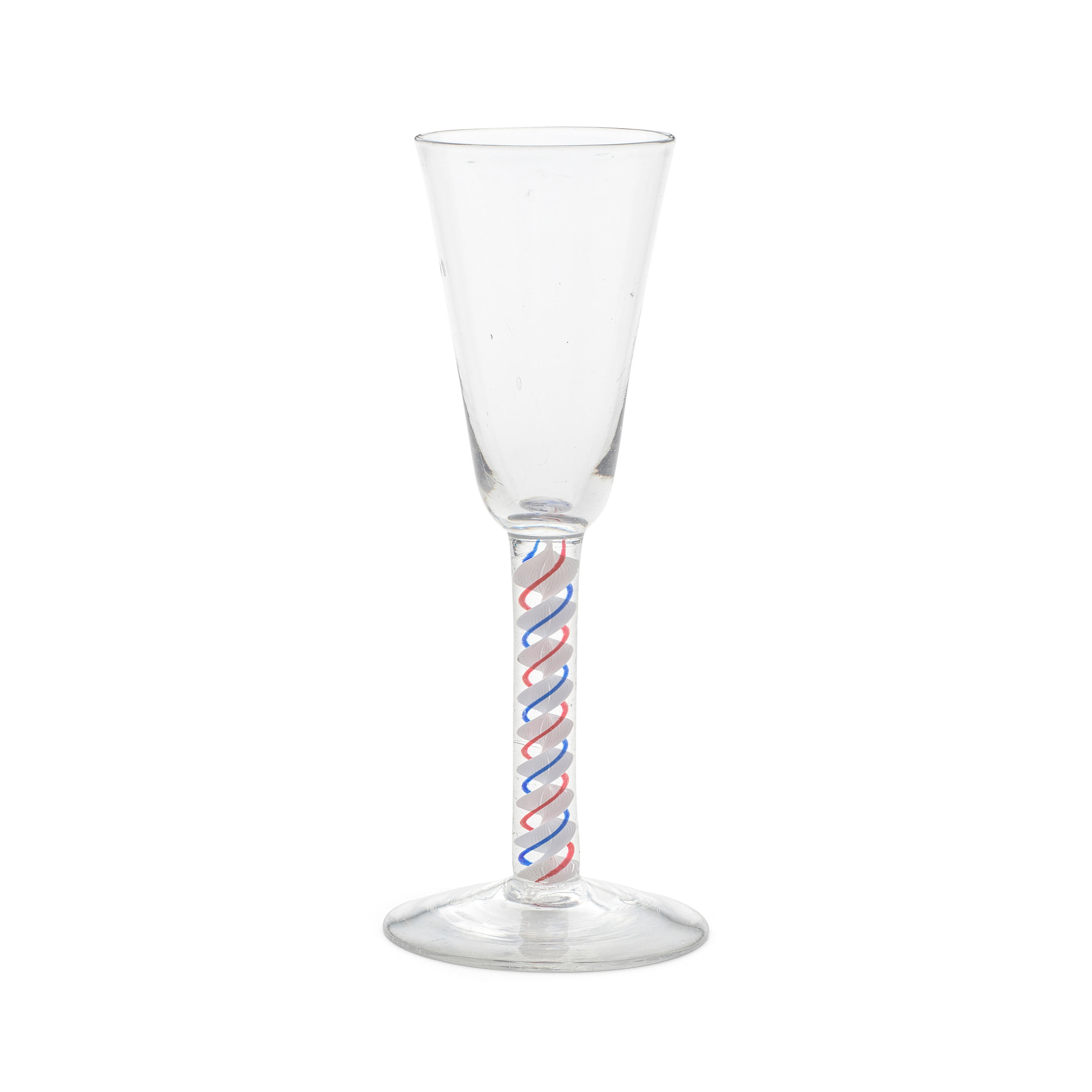 A RARE RED AND BLUE COLOUR TWIST ALE FLUTE CIRCA
